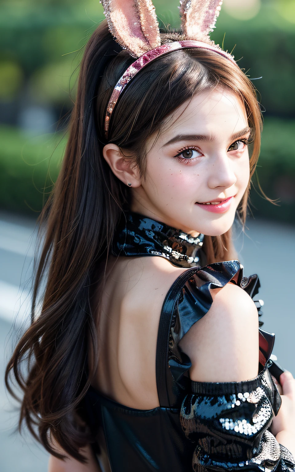 (Realistic, Photorealistic: 1.37), (8k, RAW Photos, Best Quality, Masterpiece: 1.2), Very Cute Woman, Ultra Detailed, Heart-Shaped Pupil, Physically Based Rendering, Ultra High Resolution, Kodak Vision Color, Shot with Arricam LT Camera, Bokeh, Sharp Focus, ((Correct Anatomy: 1.2)), ((Emma Watson)) Watch Viewer, Real, Solo, Photorealistic, top quality, highly detailed face, (sequins, black bunny suit, rabbit ear shaped hairband: 1.2)), ponytail, highly detailed eyes and face, beautiful detailed eyes, double eyelids, (((unforgettable smile: 1.2)), red cheeks, hair fluttering in the wind, ((upper body)), (casino, background blur)), big, cute random pose, , view from behind
