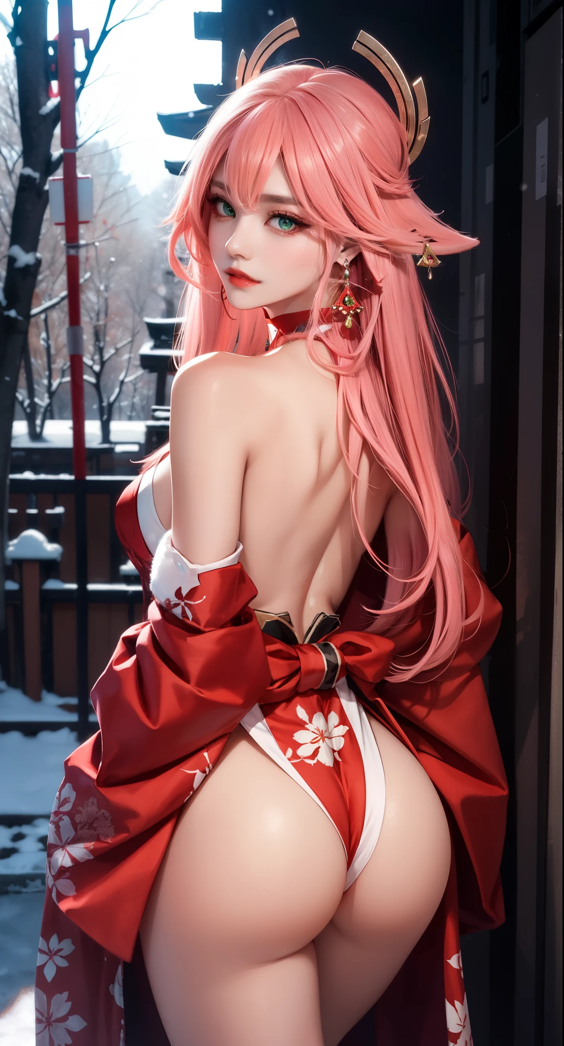 ((winter background)), ((Japan snowing forest background)), (((luminous background))), (turning back, (back shot), ass focus, brow front,:1.2), (Masterpiece, Excellent, 1girl, solo, complex details, color difference), realism, ((medium breath)), off-the-shoulders, big breasts, sexy, Yae Miko, long pink hair, red headdress, red highlight, hair above one eye, green eyes, earrings, sharp eyes, perfectly symmetrical figure, choker, neon shirt, open jacket, turtleneck sweater, graffiti, dim lighting, alley, looking at the audience, ((mean, seductive, charming)), tulle, bare shoulders, blooming flower fields, radiant skin, faint smile, sexy, bust, no breast cover, naked, cocked ass, tummy look