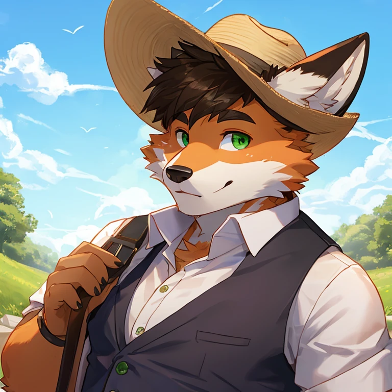 solo, fox, anthro, male, black fur, green eyes, chubby cheeks, wearing open vest, wearing boater hat, outdoors