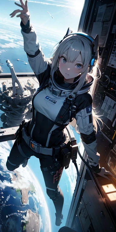 Ridiculous resolution, high res, (masterpiece:1.4), hyper-detailed, 1girl, Look from above, space, float,spacecraft,Blue Earth