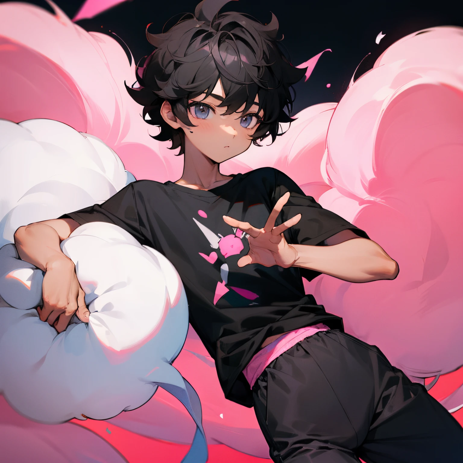 boy, light gray eyes, black short boy slightly curly hair , very fair skin almost white, black long t-shirt, pink pants and pink fluffy slippers