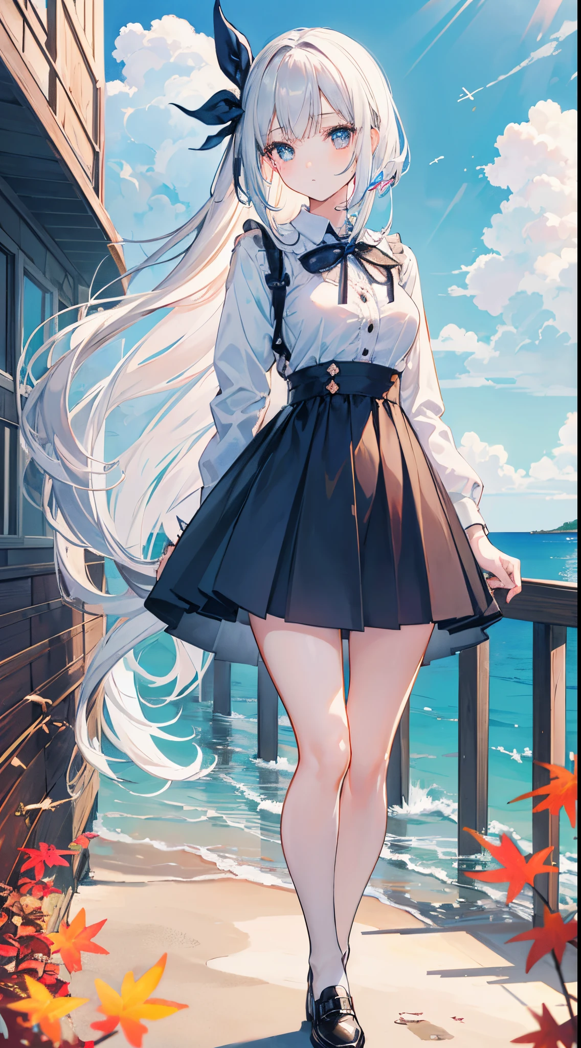 masutepiece,((ligne claire)),  limited palette,Best Quality, Flat color, Low contrast, ((1girl in)),(((Very delicate and beautiful girl))),(beautifull detailed face),(Beautiful detailed eyes),{Long hair},hair adornments,((middlebreasts)),cabelos preto e longos,Hair Ribbon,School uniform , Standing,((Looking at Viewer:1.6)), View from below,Beautiful detailed sky,Bright sky,Cloudy sky,Sunlight, (detailedlight),Lighting,Colorful,ocean,Beach, Bridge,The path to school,skyscraper, Autumn, Haze,