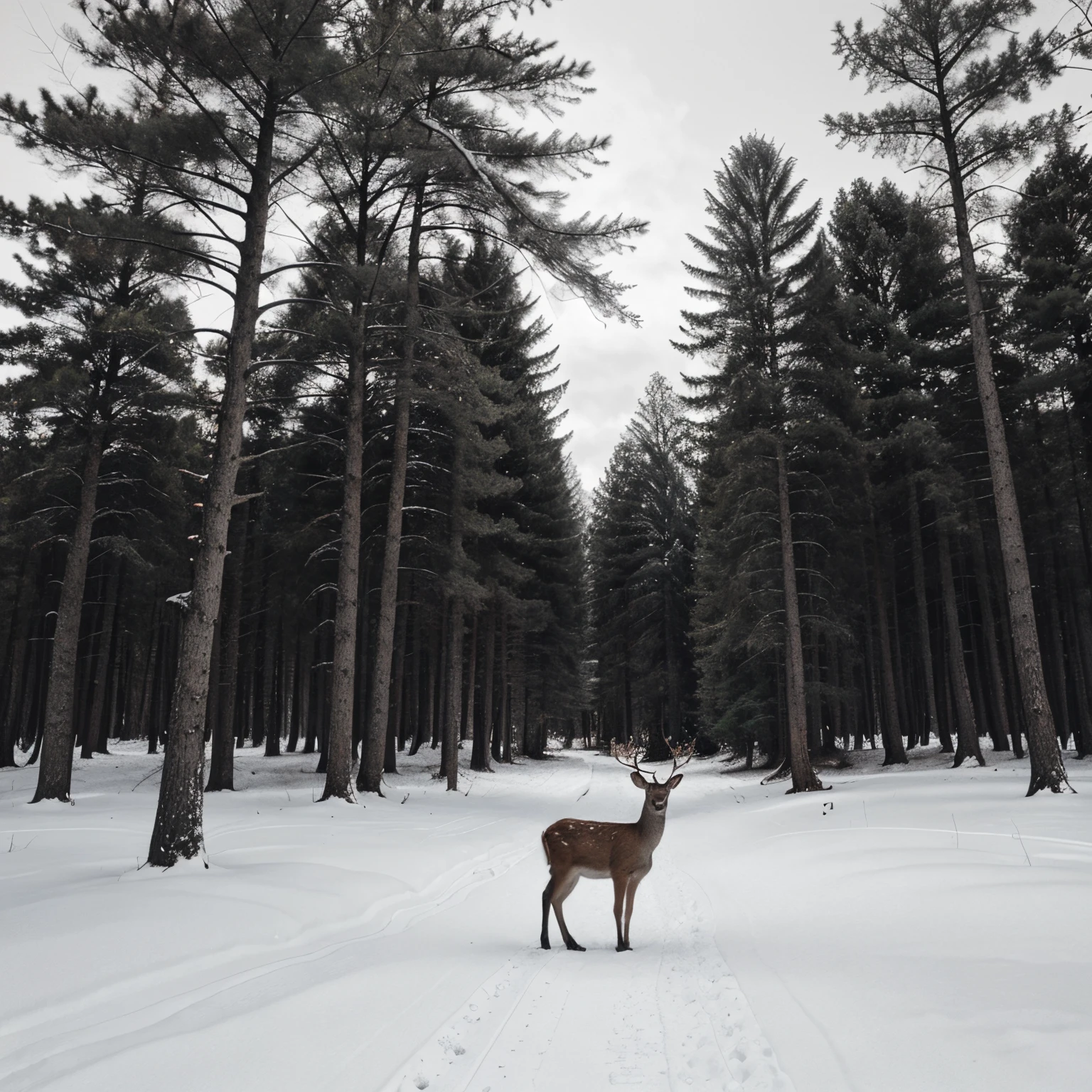 Black and white line art,  of a deer,  and trees 🌲 winter
