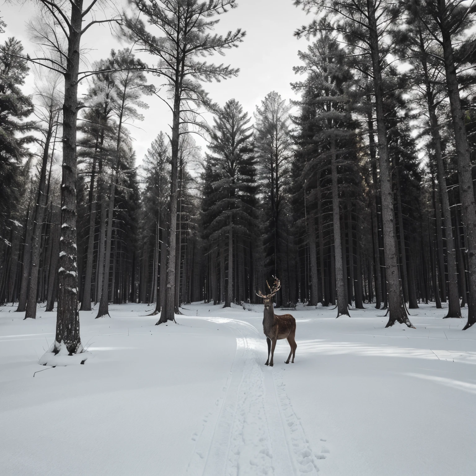 Black and white line art,  of a deer,  and trees 🌲 winter
