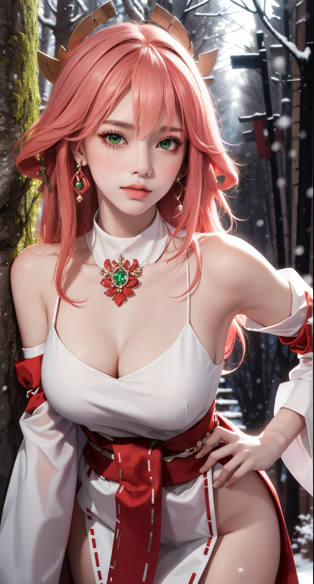 (Masterpiece, Excellent, 1girl, solo, complex details, color difference), realism, ((medium breath)), off-the-shoulders, big breasts, sexy, Yae Miko, long pink hair, red headdress, red highlight, hair above one eye, green eyes, earrings, sharp eyes, perfectly symmetrical figure, choker, neon shirt, open jacket, turtleneck sweater, graffiti, dim lighting, alley, ((mean, seductive, charming)), ((winter background))), ((snowing forest background)))), (((luminous background))), (dynamic pose), (bend at the waist, bend down and look at viewer:1.1), tulle, bare shoulders, blooming flower fields, radiant skin, faint smile, sexy, bust, no breast cover, naked, cocked ass, tummy look