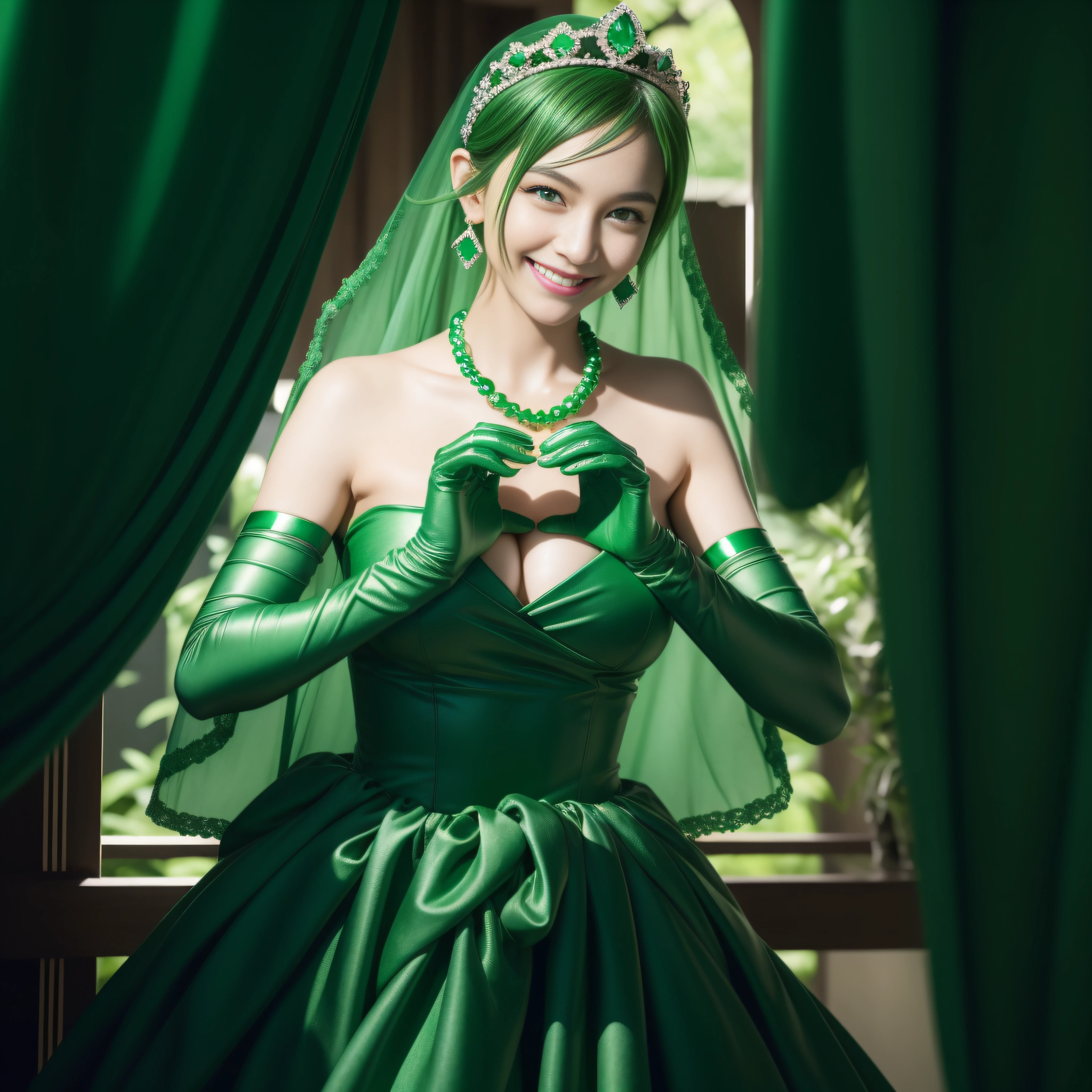 emerald tiara, Green Pearl Necklace, Boyish very short green hair, lipsticks, Japan woman smiling, very short short hair, big breasts beautiful, Green eyes, Long green gloves made of satin material, Green eyes, Emerald Earrings, green vale, Heart with both hands