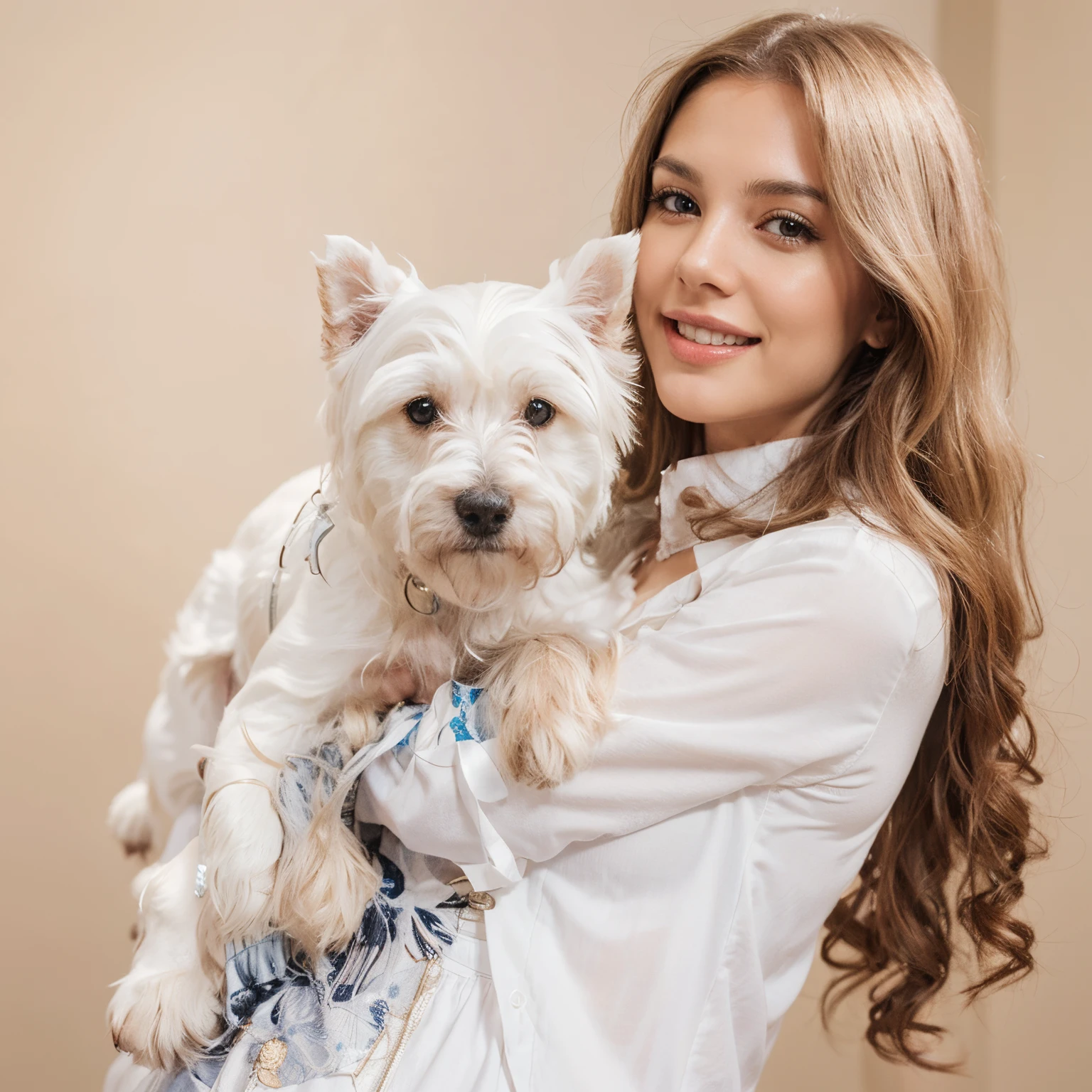beautiful woman with white Maltese dog. realistic, high quality, HD