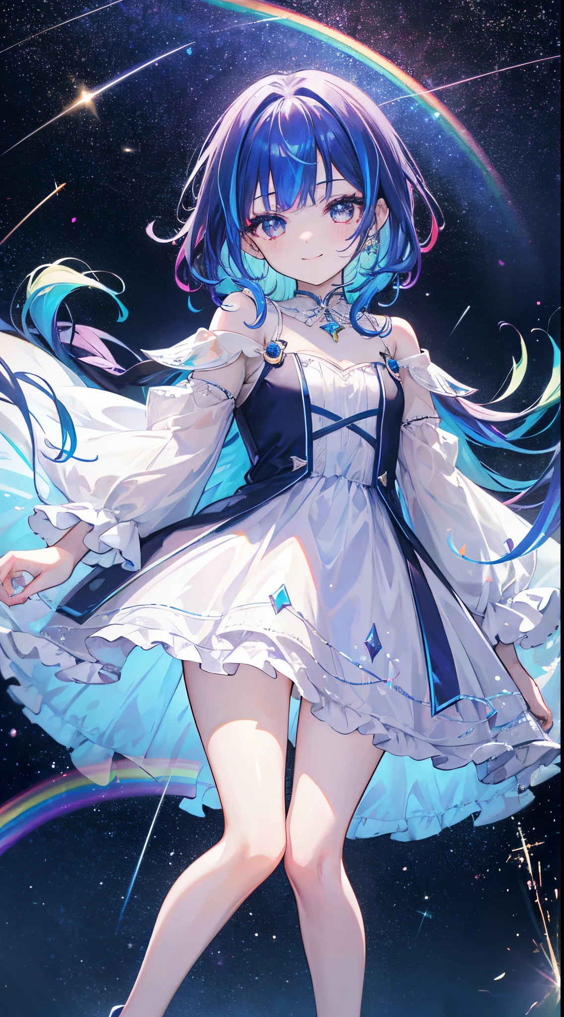 8K, rainbows, kosmos, shooting stars, sparklers, 15yo girl, A smile, ((Iridescent dresses)), ((rainbow-colored hair)), ((Iridescent eyes)),