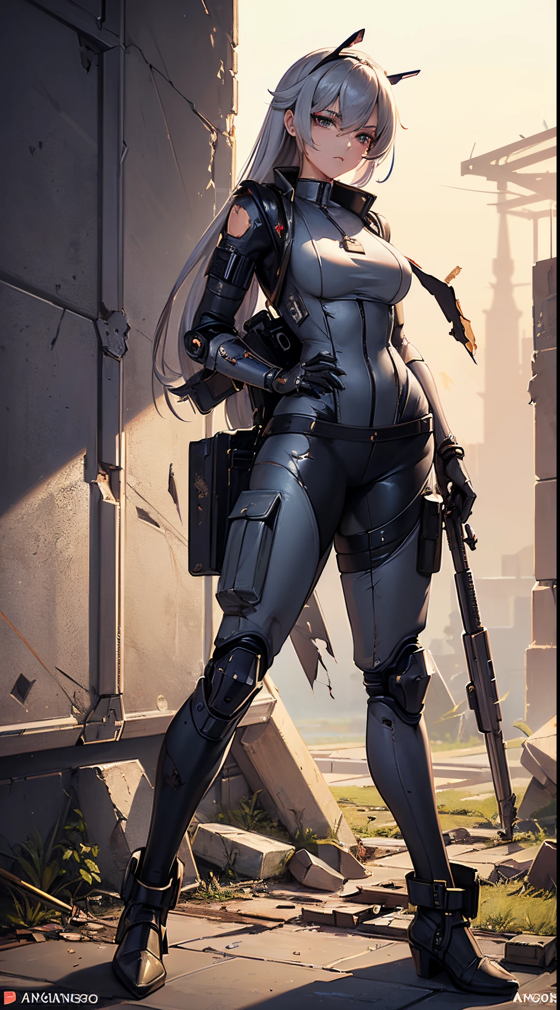 masterpiece, high quality, detailed art, concept art, character concept, Nikke, goddess of victory character, (battle android model), female character android, (wearing [military|elegant|sexy:0.33] future outfit uniform with straps and accessories, cargo pants, military vest), (holding weapon), action pose, battle damage, (visible (damaged parts:1.35) of (characters android body:1.3):1.15)