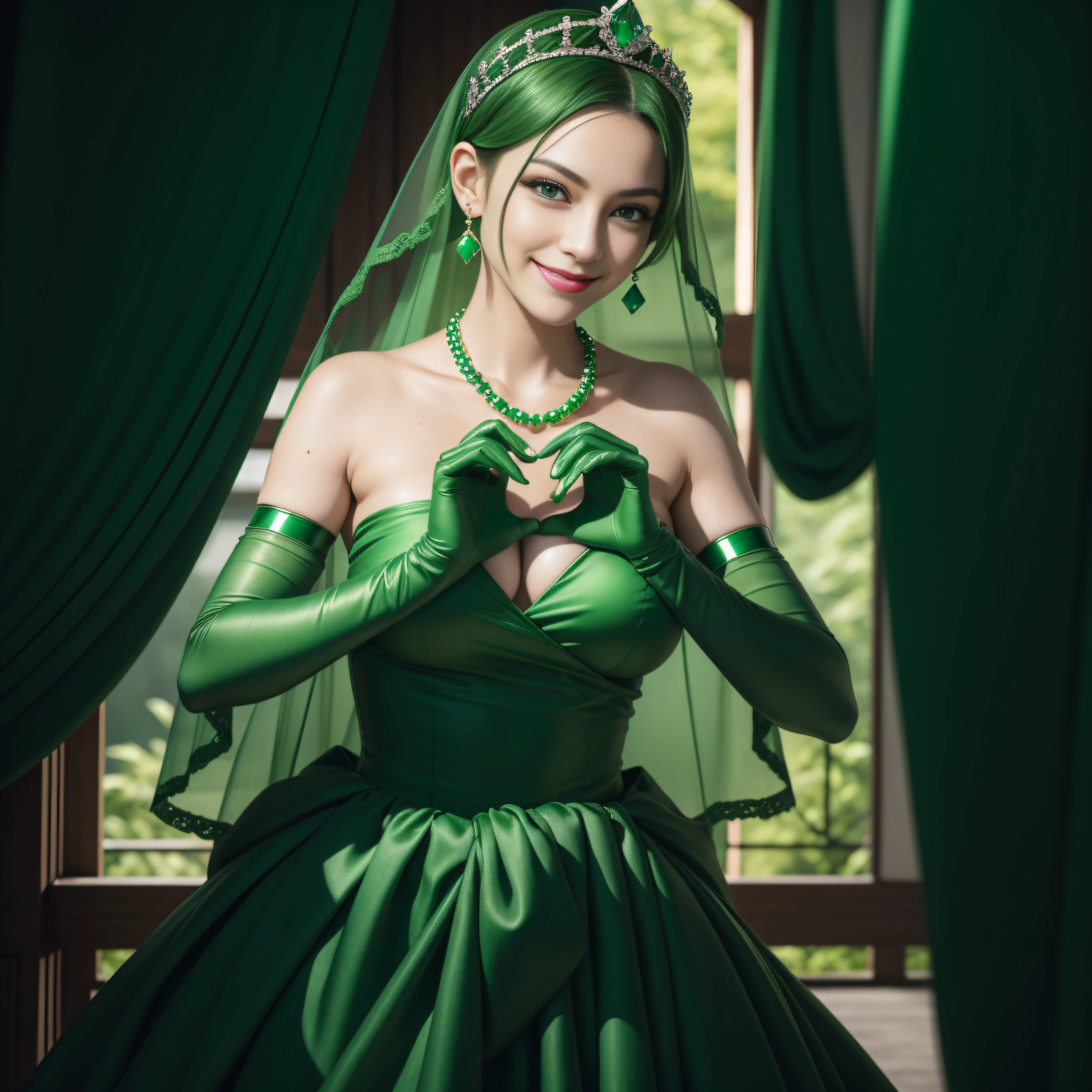 emerald tiara, Green Pearl Necklace, Boyish very short green hair, lipsticks, Japan woman smiling, very short short hair, big breasts beautiful, Green eyes, Long green gloves made of satin material, Green eyes, Emerald Earrings, green vale, Heart with both hands, Green hair