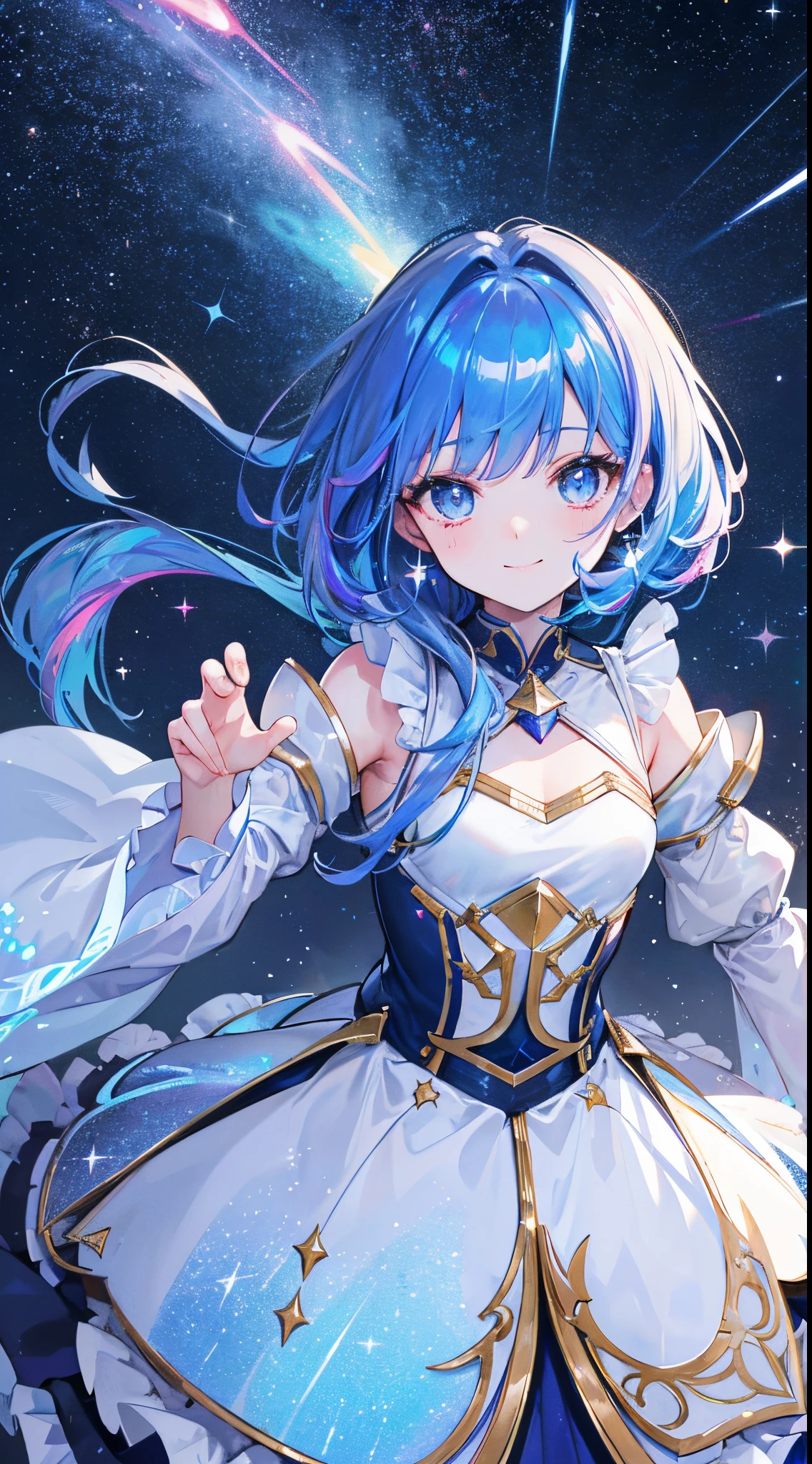 8K, kosmos, shooting stars, 15yo girl, A smile, ((Dynamism)), ((Iridescent dresses)), ((Iridescent sparkling hair)), ((Iridescent sparkling eyes)),