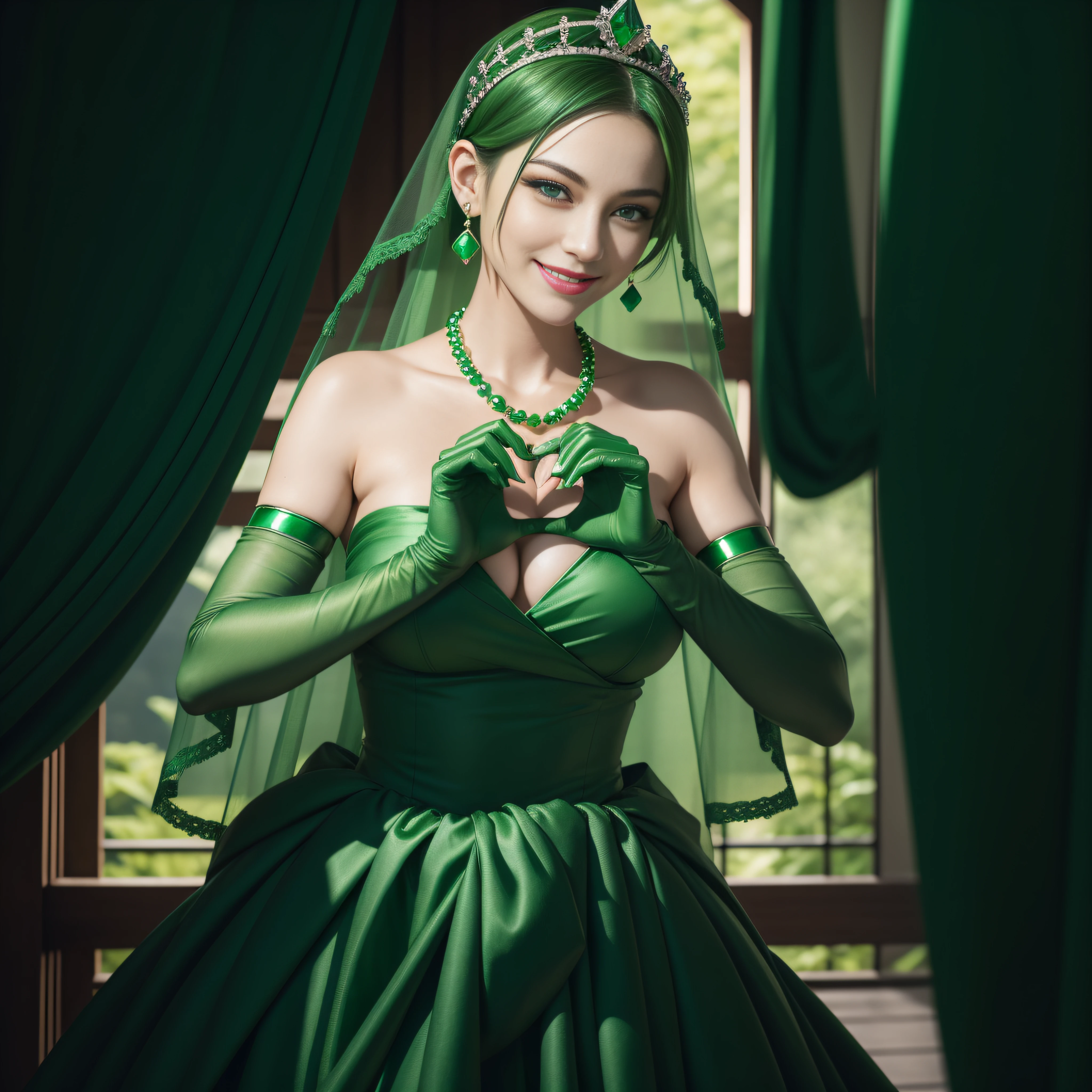 emerald tiara, Green Pearl Necklace, Boyish very short green hair, lipsticks, Japan woman smiling, very short short hair, big breasts beautiful, Green eyes, Long green gloves made of satin material, Green eyes, Emerald Earrings, green vale, Heart with both hands, Green hair