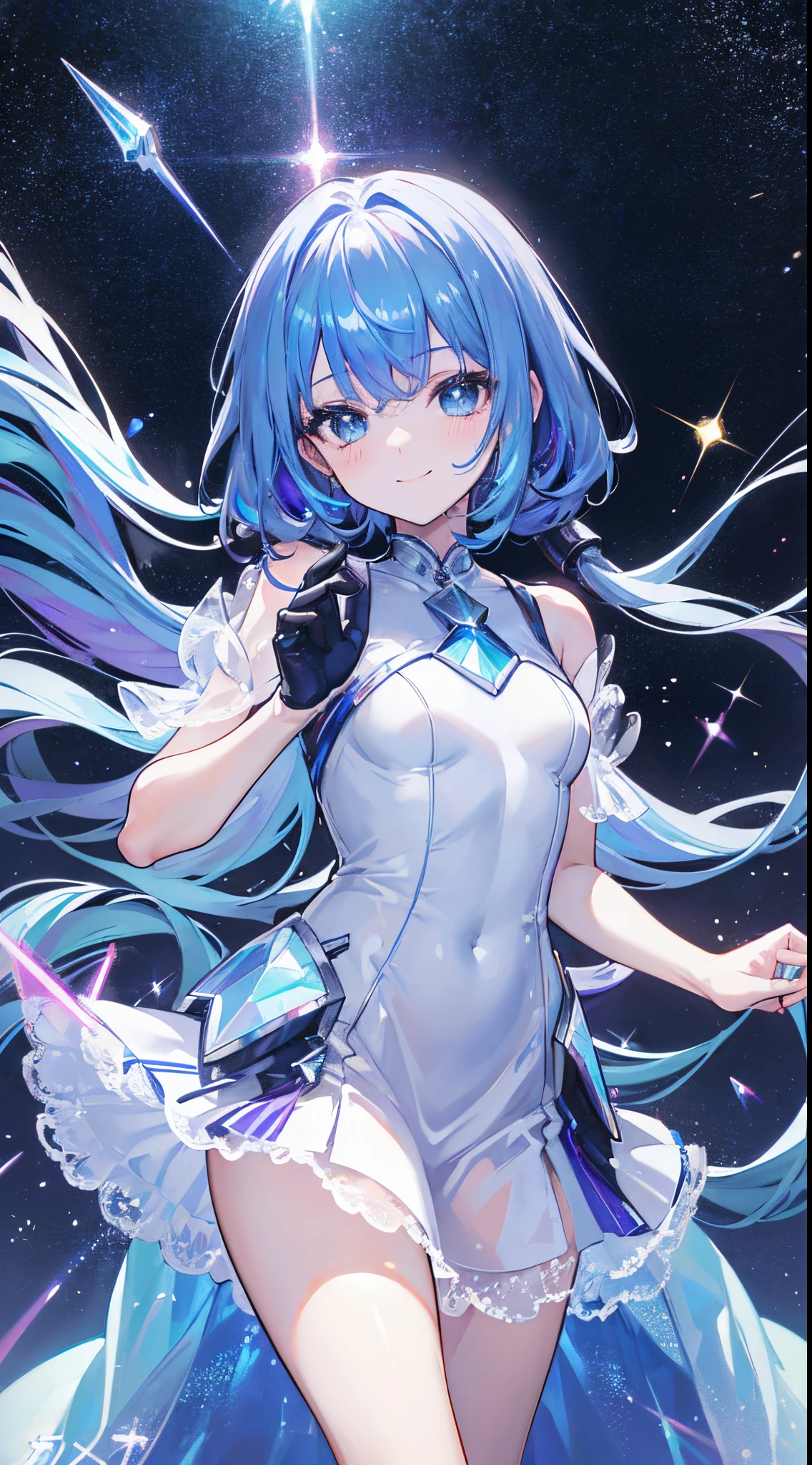 8K, kosmos, shooting stars, girl, A smile, ((Dynamism)), ((Iridescent dresses)), ((Iridescent sparkling hair)), ((Iridescent sparkling eyes)),