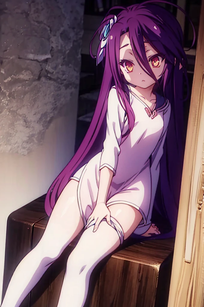 shiro #Anime #character #lora, Sofa, Deitada, Vestido (Rosa), Pernas abertas, Pernas para o Ar, half pants (Preta), Ahegao, Hands on your crotch, NFSW