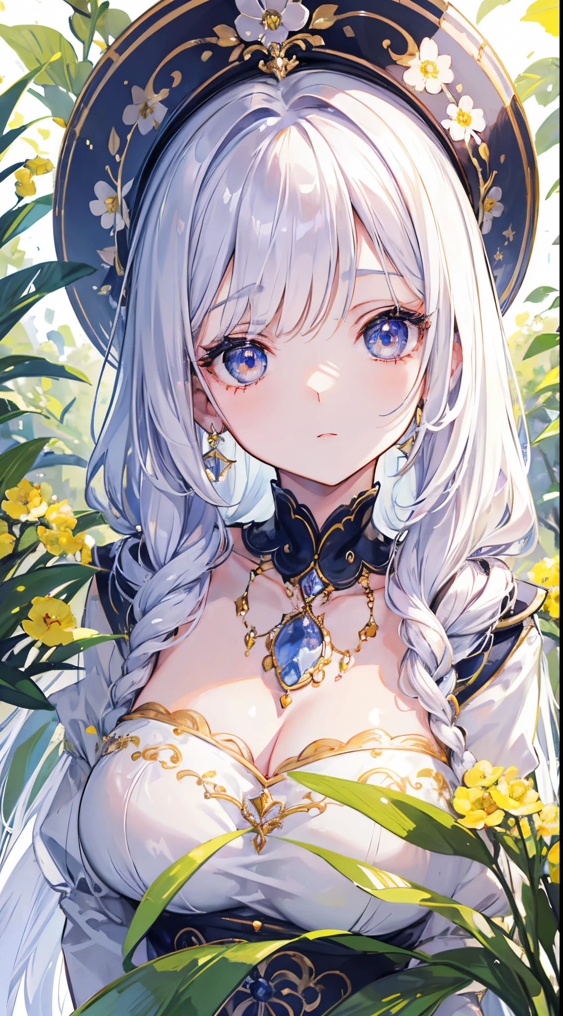 beautiful Girl, hair over shoulder, Clear eyes, smooth hair, Exquisite and perfect facial features, The most beautiful big eyes, long eyelashes, sweet eyes with lying silkworms, sullenness, Dynamic Angle, ultimate picture quality, best precision, Precise and perfect human body, Necklace, Bust, close-up, Outdoors, The background is flowers and plants, longshot,