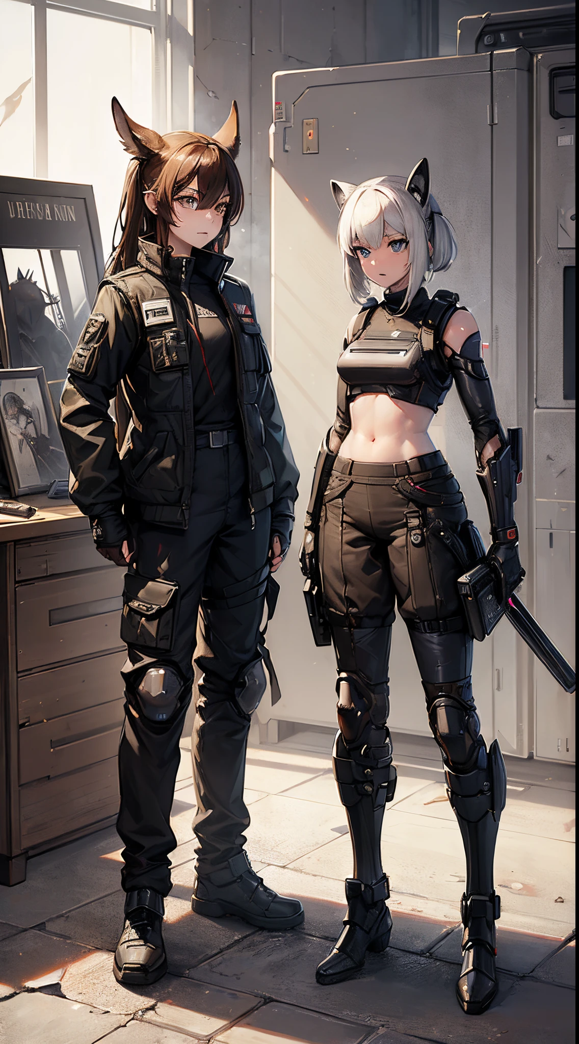 masterpiece, high quality, detailed art, concept art, character concept, ARKNIGHTS, sci-fi knights, anthro animals battle androids, (battle android model), female character android, (wearing [military|elegant|sexy:0.33] future outfit uniform with straps and accessories, cargo pants, military vest), (holding weapon), action pose, battle damage, (visible (damaged parts:1.35) of (characters android body:1.3):1.15)