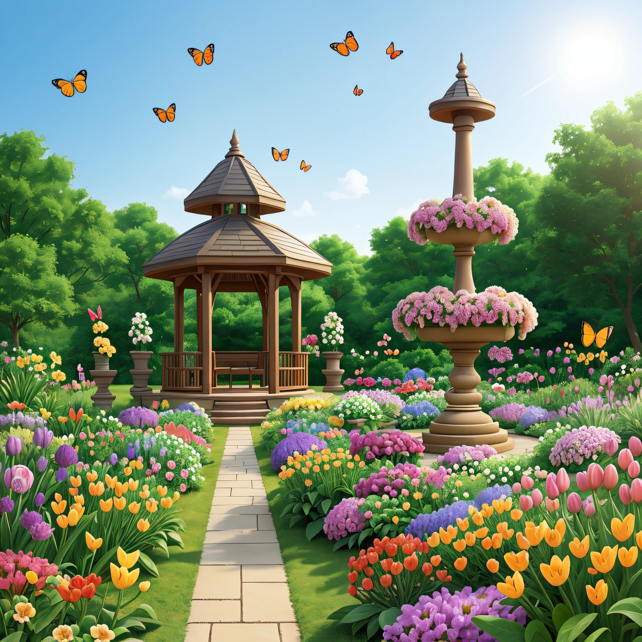 Flowersof different kinds blooming in garden with bright colours, big and small butterflies, daylight, glass gazebo climbing plants