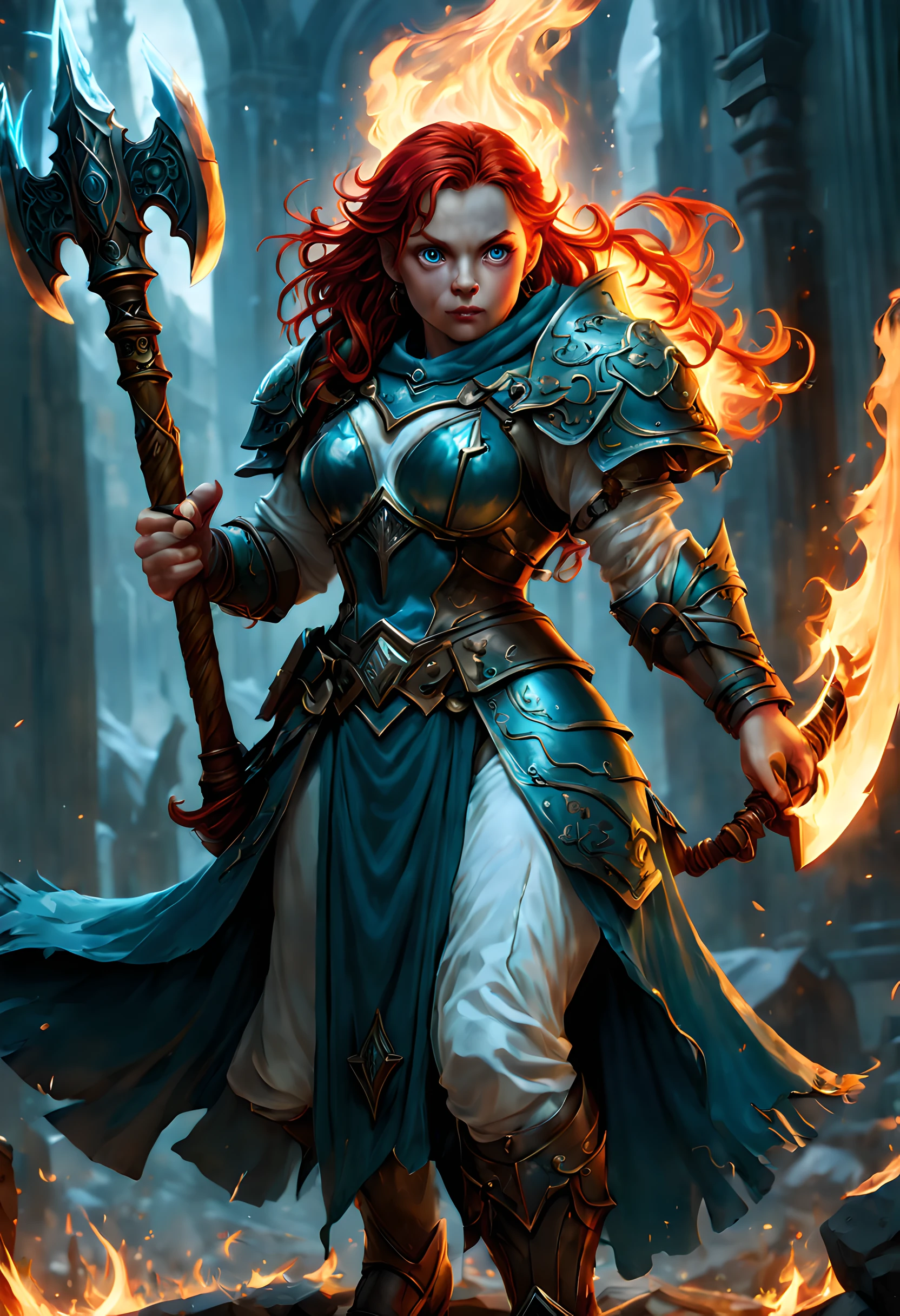 high details, best quality, 8k, [ultra detailed], masterpiece, best quality, (extremely detailed), dynamic angle, ultra wide shot, photorealistic, fantasy art, dnd art, rpg art, realistic art, an ultra wide picture of female dwarf cleric, holding axe with red fire on it , casting a spell, wearing heavy armor, white armor (best details, Masterpiece, best quality: 1.5), blue cloak (intricate details, Masterpiece, best quality), holy symbol,(best details, Masterpiece, best quality: 1.5),  from symbol GlowingRunes_paleblue, beautiful female dwarf, ultra detailed face, ultra feminine, red hair, intense eyes, green eyes, D&D female dwarf (best details, Masterpiece, best quality: 1.5) fantasy temple background, celestial background, ((divine worship atmosphere)), high details, best quality, highres, ultra wide angle, fire element, GLOWING SWORD,