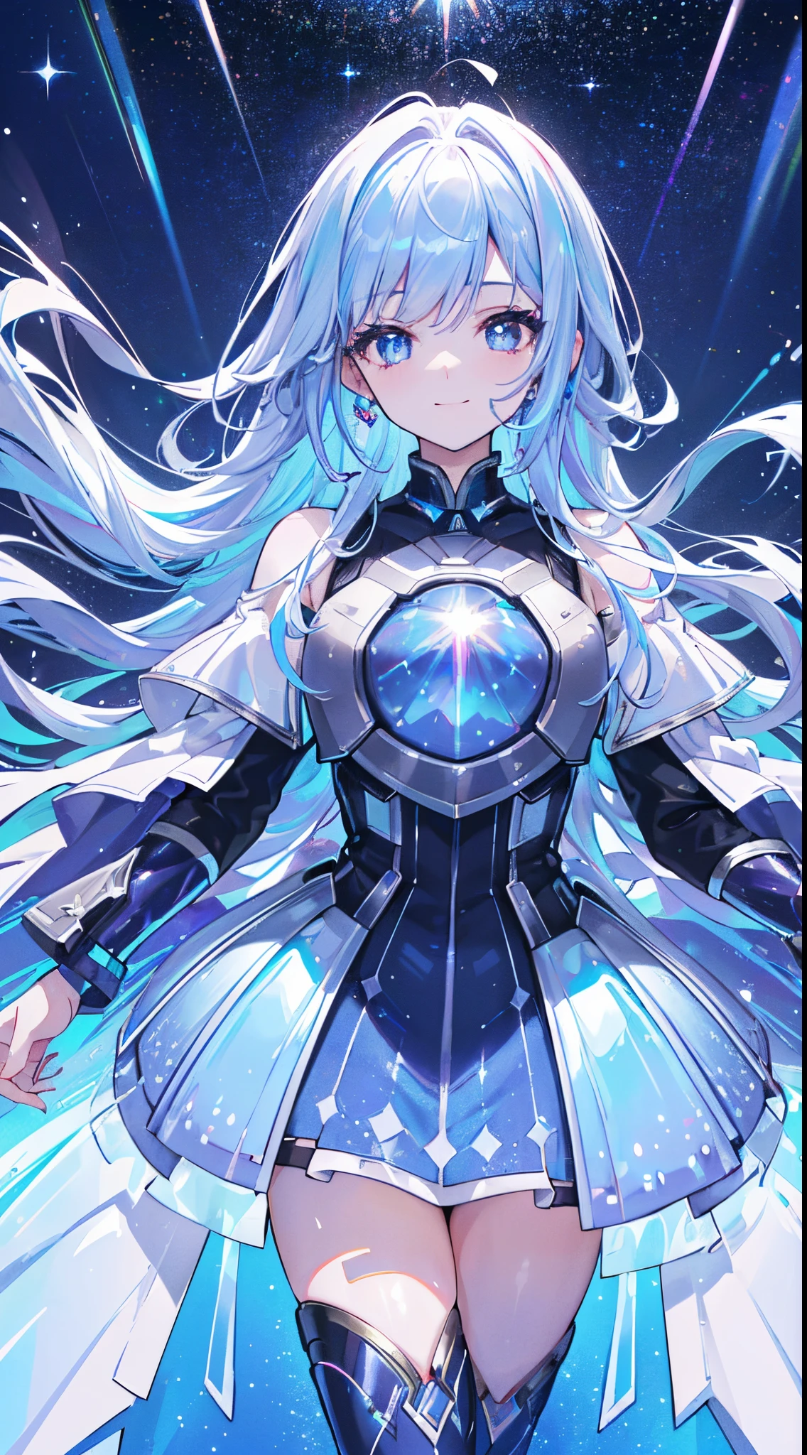 8K, kosmos, shooting stars, girl, A smile, ((Dynamism)), ((Iridescent dresses)), ((Iridescent shimmering hair)), ((Iridescent sparkling eyes)), (((best quality))), (((ultra-detailed))), (((high resolution))), (((perfect anatomy))), (((head on))),