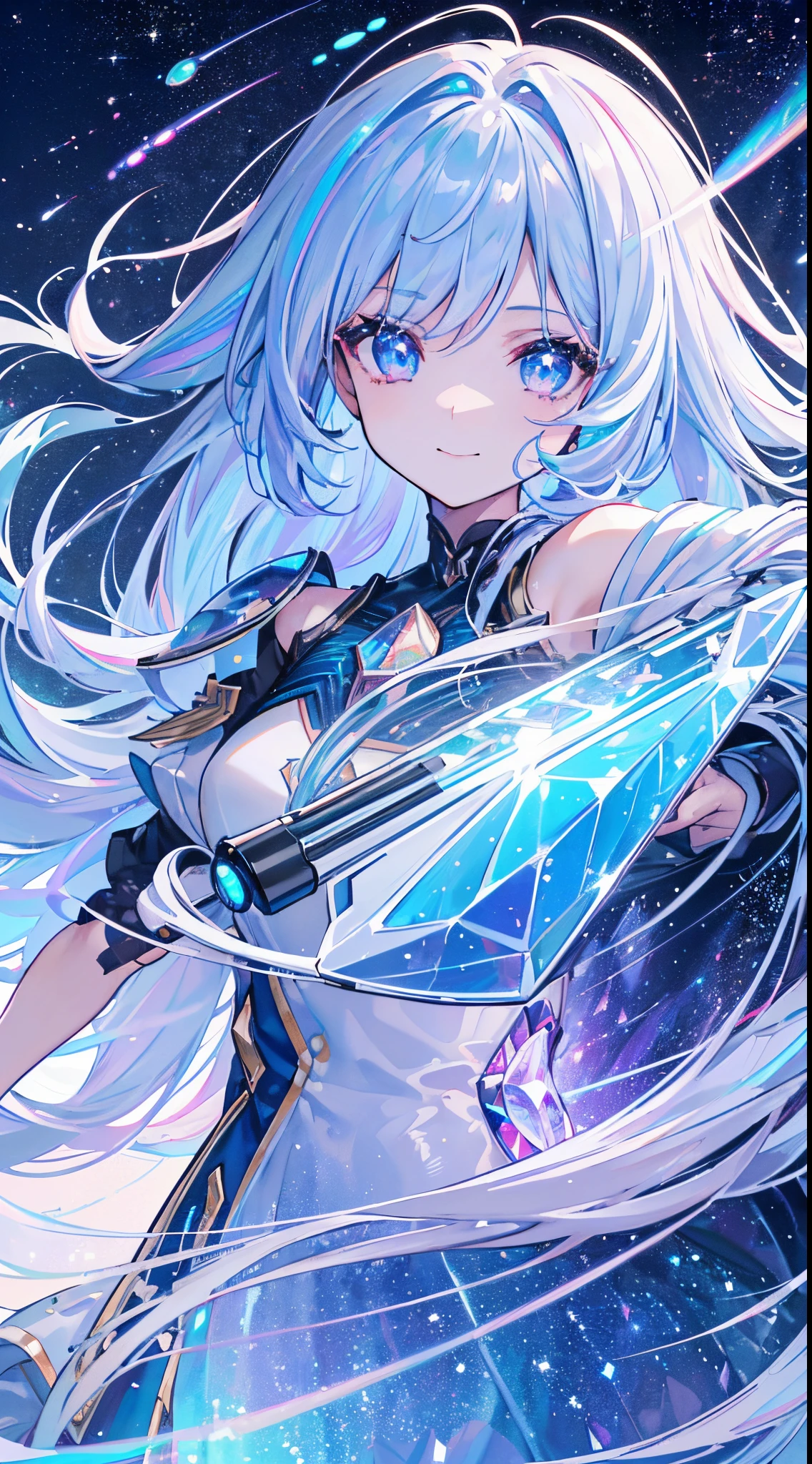 8K, kosmos, shooting stars, 15yo girl, A smile, ((Dynamism)), ((Iridescent dresses)), ((Iridescent shimmering hair)), ((Iridescent sparkling eyes)), (((best quality))), (((ultra-detailed))), (((high resolution))), (((perfect anatomy))), (((head on))),