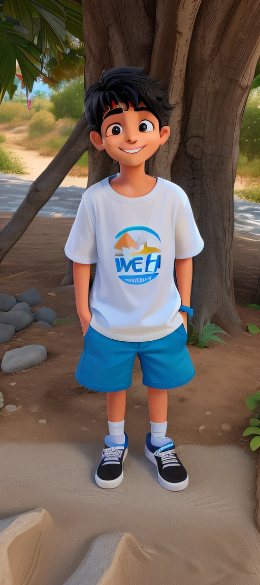 A mais alta qualidade, male smiling in a white shirt, blue shorts just above the knee and black sneakers with white laces, The shirt says SURF ING california" This boy is white with black hair