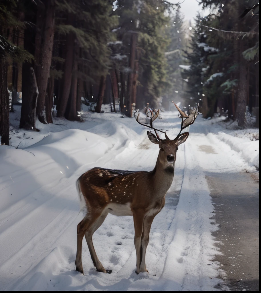 Black and white line art, of a deer, and trees 🌲 winter