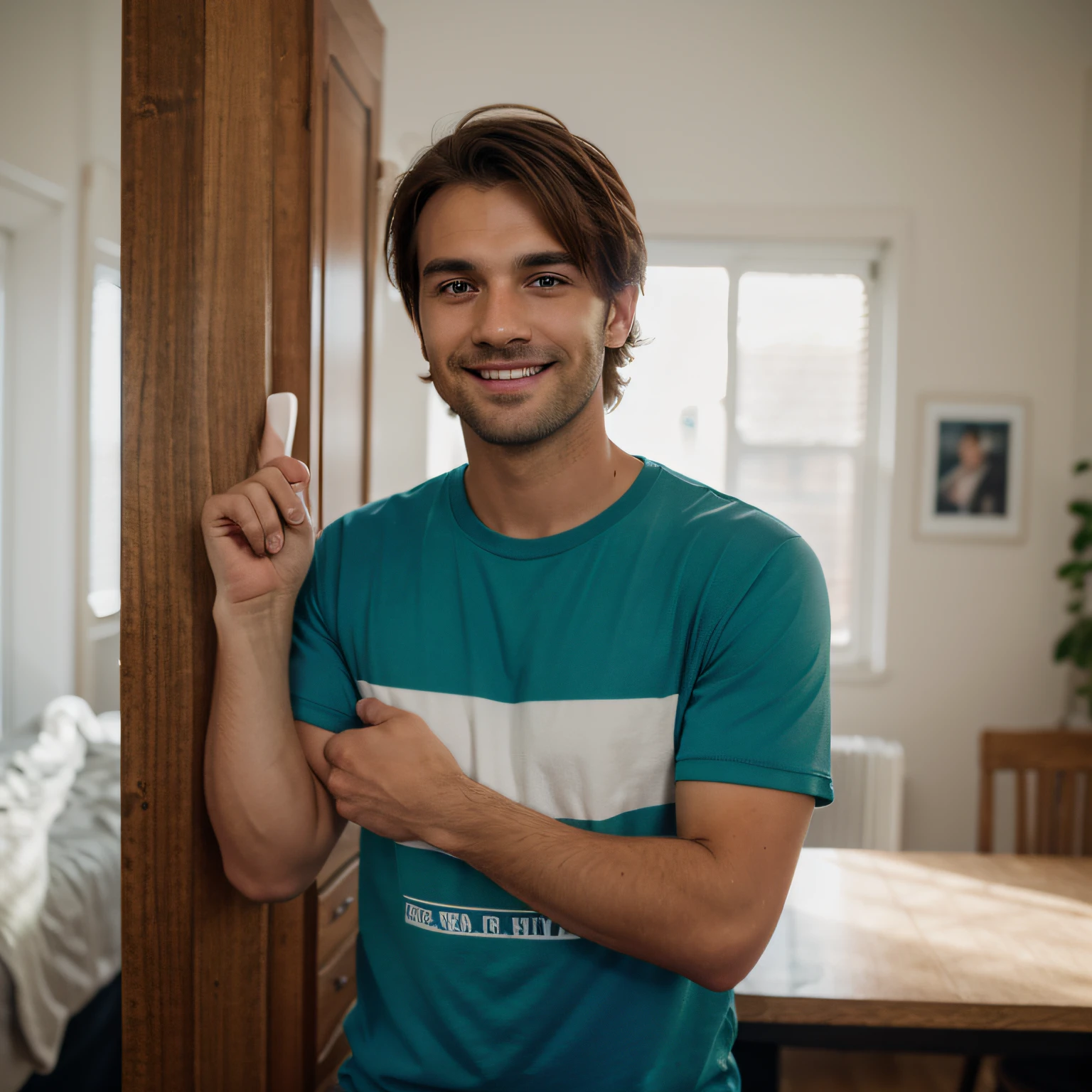 A man in his 30's, wearing a darkblue T-shirt, with brown hair and light green eyes, discrete smiling, hands up like he's calling the viewer, shot from the waist up, transparent background, centered subject looking at the camera