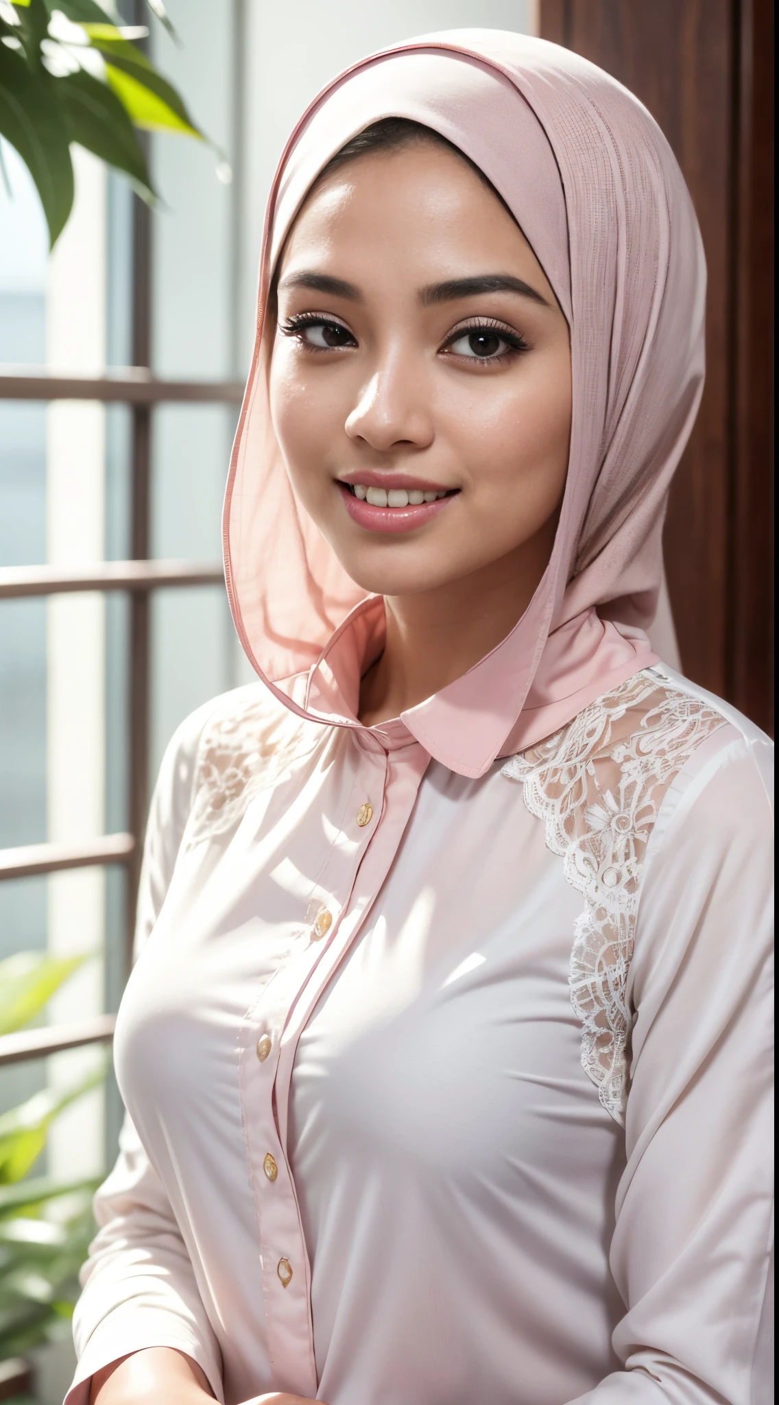 RAW, Best quality, high resolution, masterpiece: 1.3), beautiful Malay woman in hijab (iu:0.8),(8k, best quality, masterpiece: 1.2), (realistic, photorealistic: 1.37), super detailed, single girl, cute, solo, sitting, dating, (blushing), (smile: 1.15), (mouth closed), big breasts, gaze looking at the camera, breasts looking at the camera, beautiful beautiful eyes, big round eyes, clear double eyelids, feathers eyes, ( shirt with collar: 1.1), wet, office wearNovaFrogStyle, White Lace, Long Neck, Happy Smile, Closed Mouth, Clean Face, Realistic Skin Texture, Unbuttoned, Light Pink Lips, School background, 28 Years Old, Student SMA, No Shadows on Face, Upper Lip Not Thick