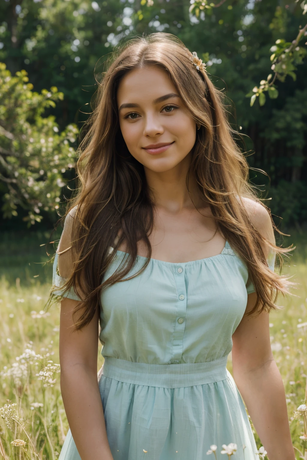 (best quality,highres,realistic:1.37),portrait,Latina woman,30-year-old, long blonde hair,honey-colored eyes,perfect hands and fingers,smiling,blue flowered dress,walking through a field full of flowers,soft sunlight,serene atmosphere,vivid colors,lush green grass,dainty flower petals dancing in the breeze,sweet scent of blossoms filling the air,remote countryside,tranquil and peaceful ambiance,gentle swaying of the tall grass,delicate and colorful wildflowers,joyful and carefree expression,relaxed and confident posture,natural beauty and radiance,beautifully textured dress,charming and elegant feminine grace,happiness and contentment in her eyes,harmonious blend of warm and cool tones,natural highlights in her hair,soft and glowing honey-like skin,subtle shading and contours,comfortable and confident strides,dappled light filtering through the trees,serene and harmonious connection with nature,endless meadow stretching into the horizon,majestic mountain range in the distance,a moment of tranquility and appreciation of nature's beauty.
