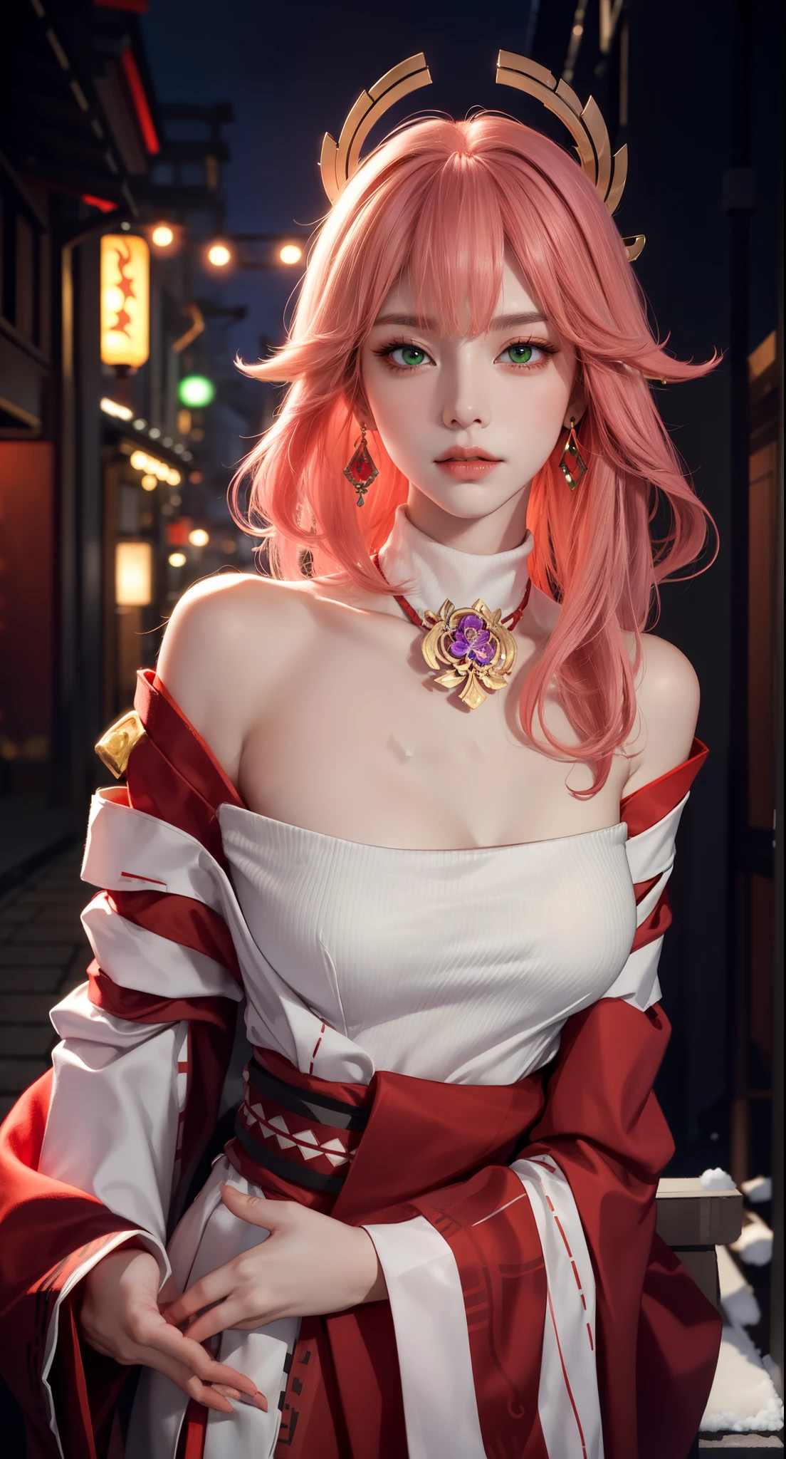 (Masterpiece, Excellent, 1girl, solo, complex details, color difference), realism, ((medium breath)), off-the-shoulders, big breasts, sexy, Yae Miko, long pink hair, red headdress, red highlight, hair above one eye, green eyes, earrings, sharp eyes, perfectly symmetrical figure, choker, neon shirt, open jacket, turtleneck sweater, graffiti, dim lighting, alley, ((mean, seductive, charming)), ((winter background))), ((japan background)))), (((luminous background))), (dynamic pose), (bend at the waist, bend down and look at viewer:1.1), tulle, bare shoulders, blooming flower fields, radiant skin, faint smile, sexy, bust, no breast cover, naked, cocked ass, tummy look