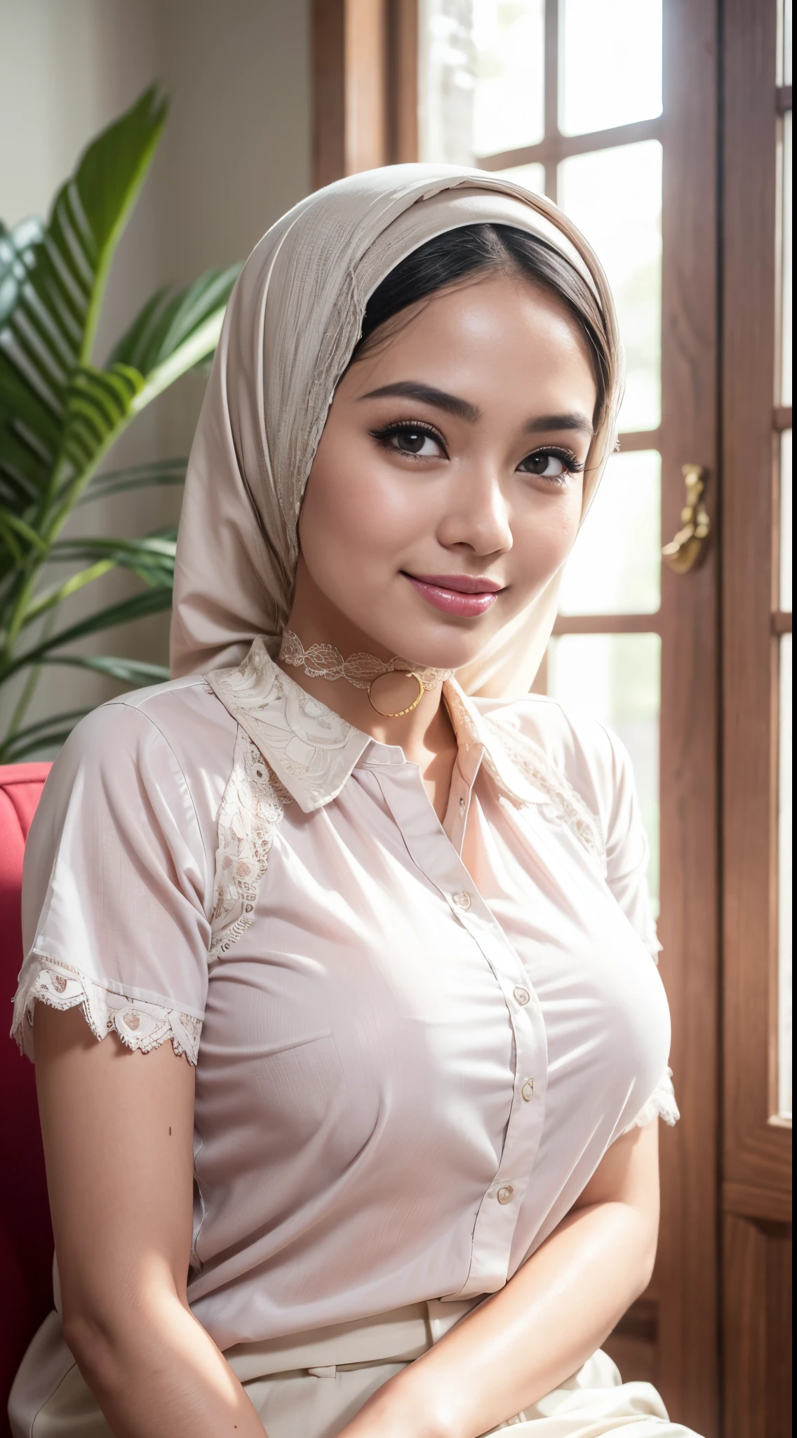 RAW, Best quality, high resolution, masterpiece: 1.3), beautiful Malay woman in hijab (iu:0.8),(8k, best quality, masterpiece: 1.2), (realistic, photorealistic: 1.37), super detailed, single girl, cute, solo, sitting, dating, (blushing), (smile: 1.15), (mouth closed), big breasts, gaze looking at the camera, breasts looking at the camera, beautiful beautiful eyes, big round eyes, clear double eyelids, feathers eyes, ( shirt with collar: 1.1), wet, office wearNovaFrogStyle, White Lace, Long Neck, Happy Smile, Closed Mouth, Clean Face, Realistic Skin Texture, Unbuttoned, Light Pink Lips, School background, 28 Years Old, Student SMA, No Shadows on Face, Upper Lip Not Thick