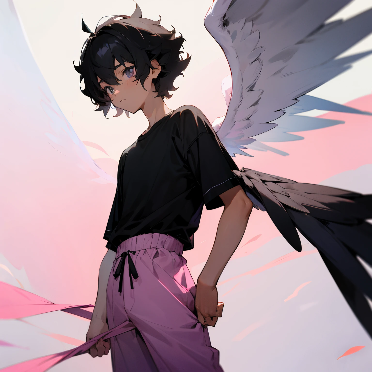 , light gray eyes, Short black boy, slightly curly hair , Very fair skin, almost white, black long t-shirt, pink pants and pink fluffy slippers, Wings of the Black Raven