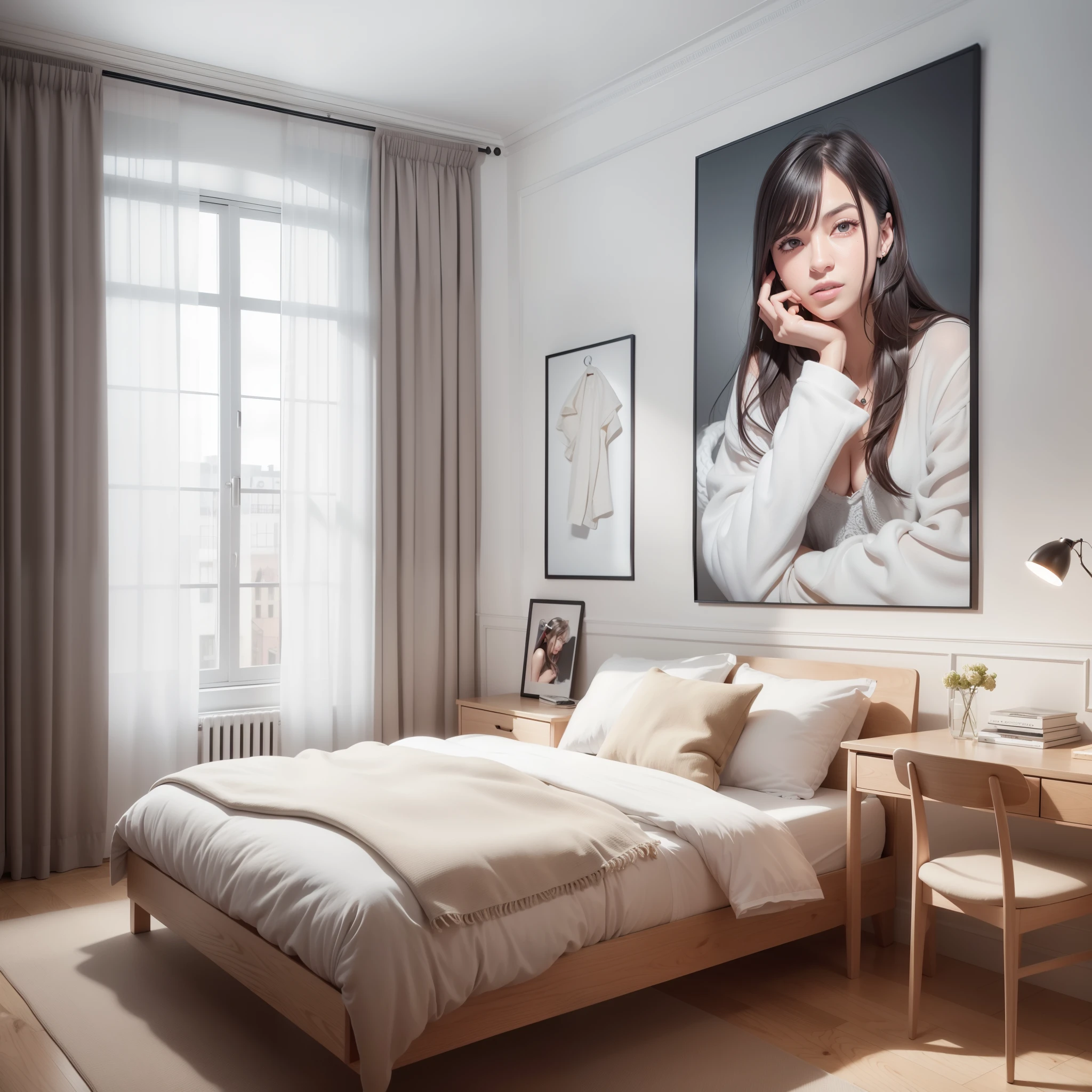 there&#39;s a bed with a picture on the wall above it, Archviz, renderizado em vray, Super realistic vray rendering, quarto fotorrealista, renderizado em v-ray, vray 8k render, stunning render, renderizado em povray, renderizar vray, breathtaking render, detailed archviz render, vray render, Vrayized rendering