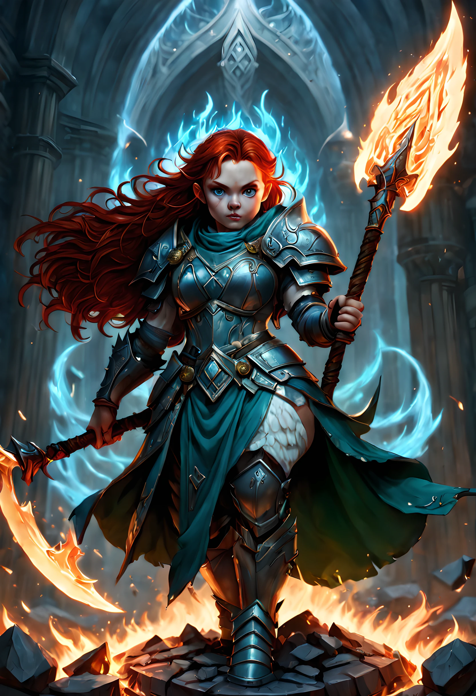 high details, best quality, 8k, [ultra detailed], masterpiece, best quality, (extremely detailed), dynamic angle, ultra wide shot, photorealistic, fantasy art, dnd art, rpg art, realistic art, an ultra wide picture of female dwarf cleric, holding axe with red fire on it , casting a spell, wearing heavy armor, white armor (best details, Masterpiece, best quality: 1.5), blue cloak (intricate details, Masterpiece, best quality), holy symbol,(best details, Masterpiece, best quality: 1.5),  from symbol GlowingRunes_paleblue, beautiful female dwarf, ultra detailed face, ultra feminine, red hair, intense eyes, green eyes, D&D female dwarf (best details, Masterpiece, best quality: 1.5) fantasy temple background, celestial background, ((divine worship atmosphere)), high details, best quality, highres, ultra wide angle, fire element, GLOWING SWORD,