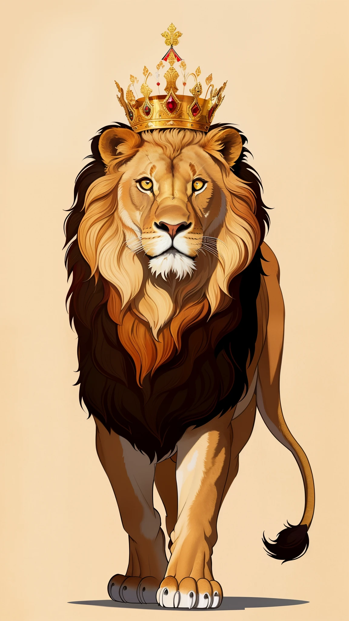 a drawing of a lion with a crown on its head, line art illustration, arte vetorial altamente detalhada, bela arte de linha, symmetrical and detailed, Highly detailed illustration, half lion, altamente intrincado detalhado, ornamentado e hiper detalhado, intricate details illustration, arte de linha hiper detalhada, very sharp and detailed, 2 d full body lion, arte oficial altamente detalhada