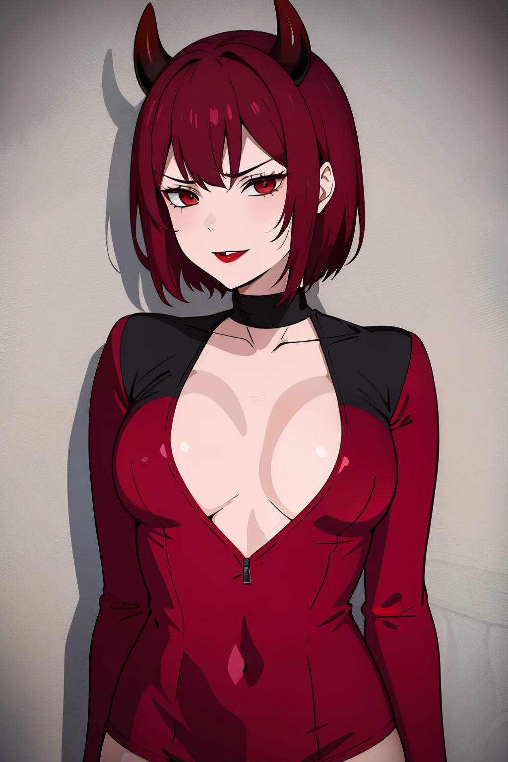 cute girl, A girl in the form of a devil, Devil horns, devil tail, red color, short hair, Red tight clothes، adult girl,Devil smile, Big chest, so sexy, hot, fire, Fiery colors, lipstick, beautiful girl, Fire in her hands, bitch,