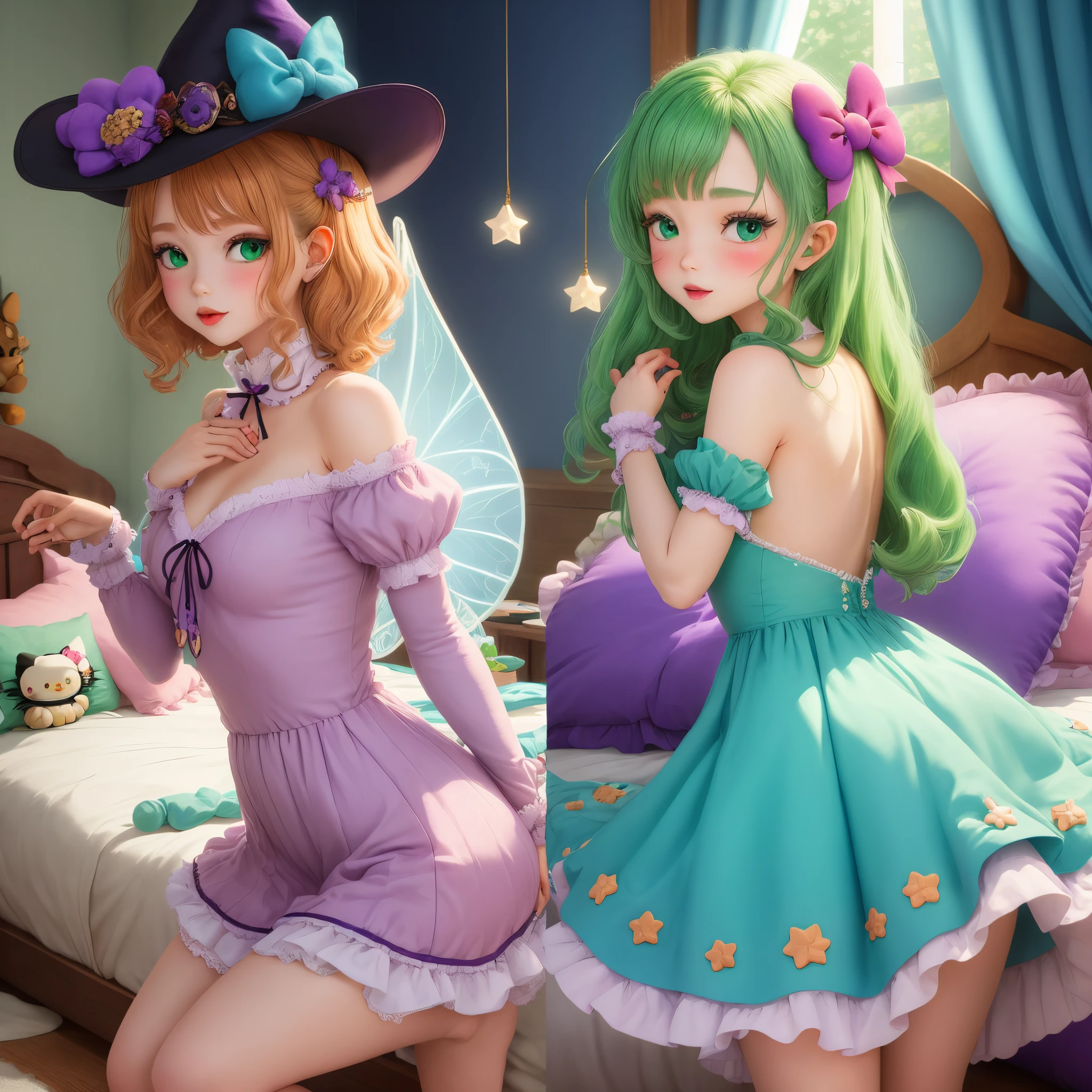 A bed room themed fairy, hello kitty, and witchy. with some green and dark blues and purples