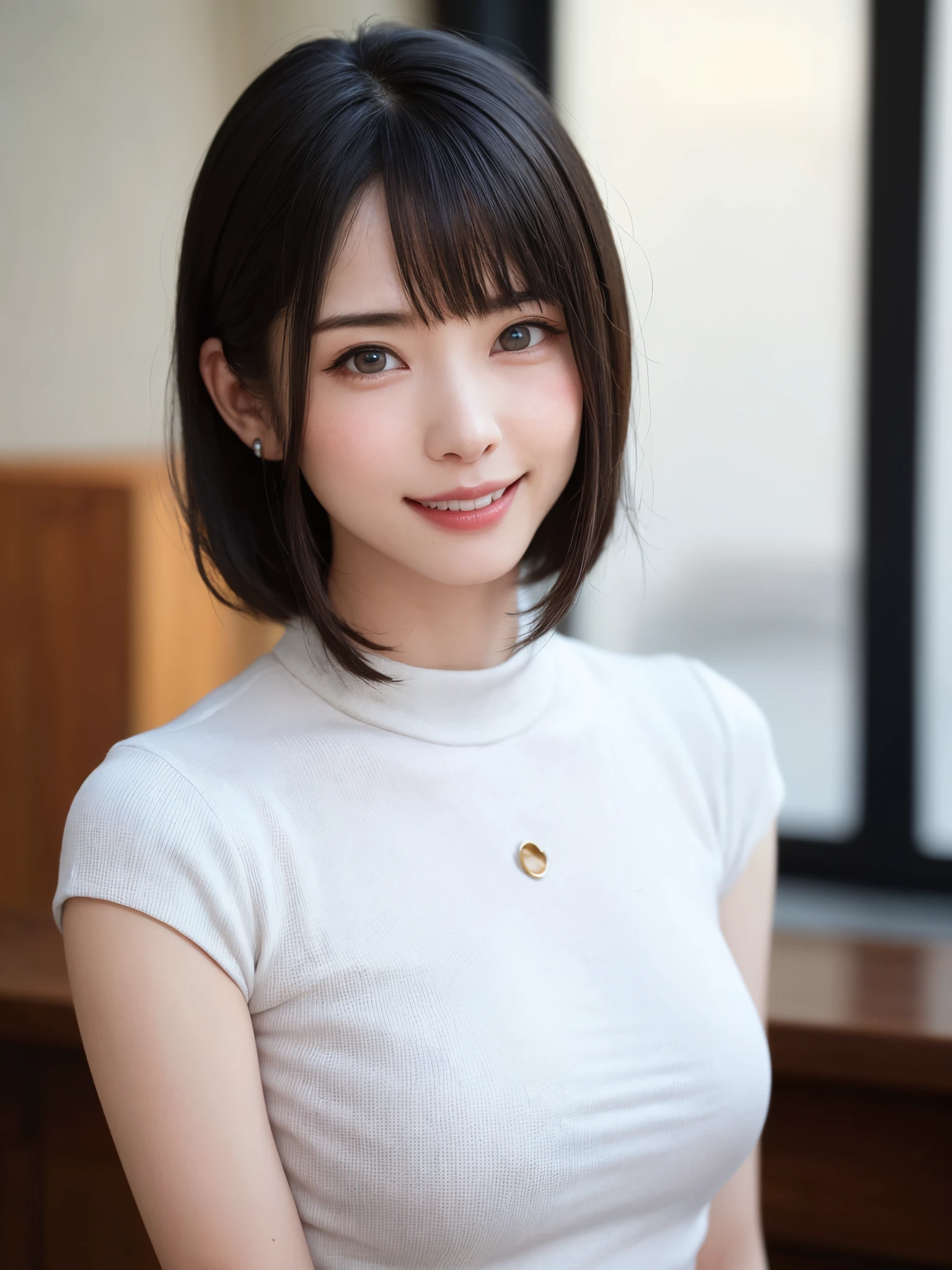 (masutepiece, top-quality、Very attractive adult beauty、Add intense highlights to the eyes、Look firmly at the camera:1.4、Beautiful woman full of adult charm、Ideal ratio body proportions、Perfect Anatomy、Brunette Short Bob Hair、Lustrous hair、lipgloss),1girl in, 独奏, Light brown shiny hair, muffler,realisitic, looking at the viewers、Tilt your head slightly, Bright colored crystal light blue eyes, short shiny hair、 White turtleneck outfit with a hole in the center of the chest,Sexy white turtleneck knit sweater with a round hole in the middle of the chest、 s lips, lipgloss,bangss, The upper part of the body、big eye、Lashes、The face is a little red、Embarrassing)、((Road system in Italy in winter))、((Shorthair with bangs、big eye、Put very strong highlights in your students、{Gigantic|Big|Huge|Mega} breasts:1.4、very Bigger breasts、gazing at viewer、Very beautiful beauty、Put your ears out、long neck、little smiling、Beautiful teeth、Open your mouth and smile、Heart-shaped pupil))、28 year old、Very cute supermodel、