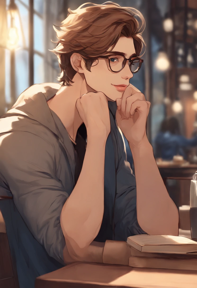 A photo of a character sitting at a cafe table with a cup of hot chocolate and a book, while cheekily pushing up his glasses.,original,[{{((Hair: light brown + short + messy))
((Eyes: large + blue + piercing + doe eyes))
((Facial features: long sharp face + sharp jawline + straight nose + pointed chin + thin lips + pale))
((Build: tall + slender + lean + lithe + strong + large hands))
((Appearance: glasses + sweaters + neat + put together))}}]