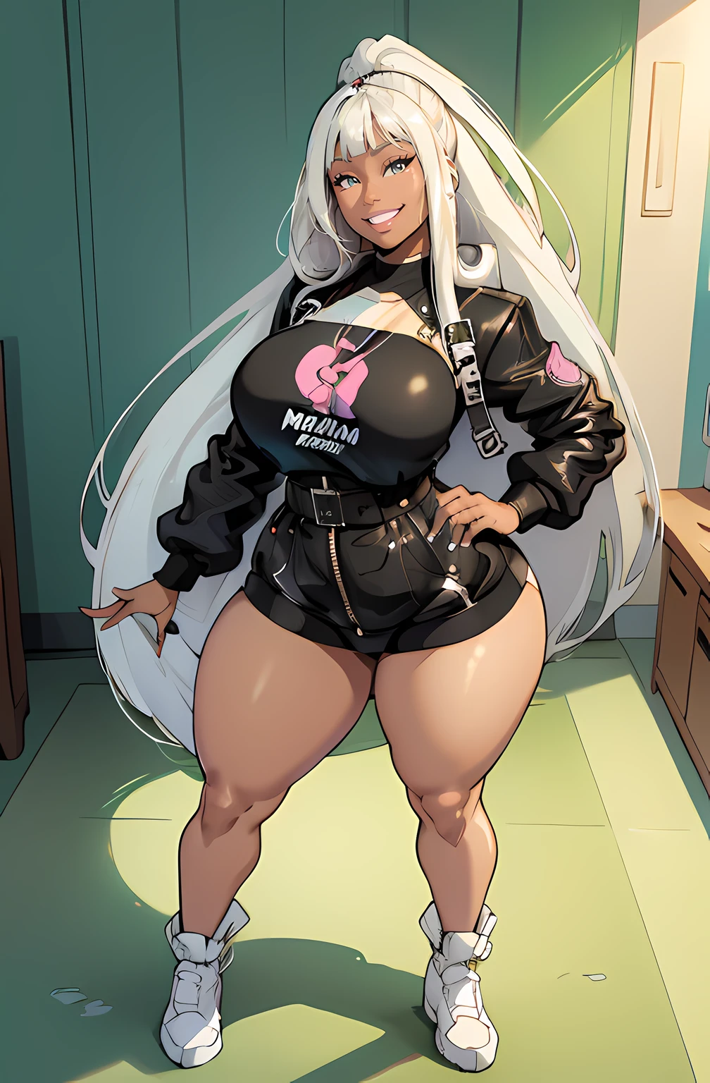 (Nicki Minaj), Best quality, 4k, High Resolution, masterpiece, chubby, full body, 1 girl, white hair with bangs, hazel eyes, smiling, dark skin