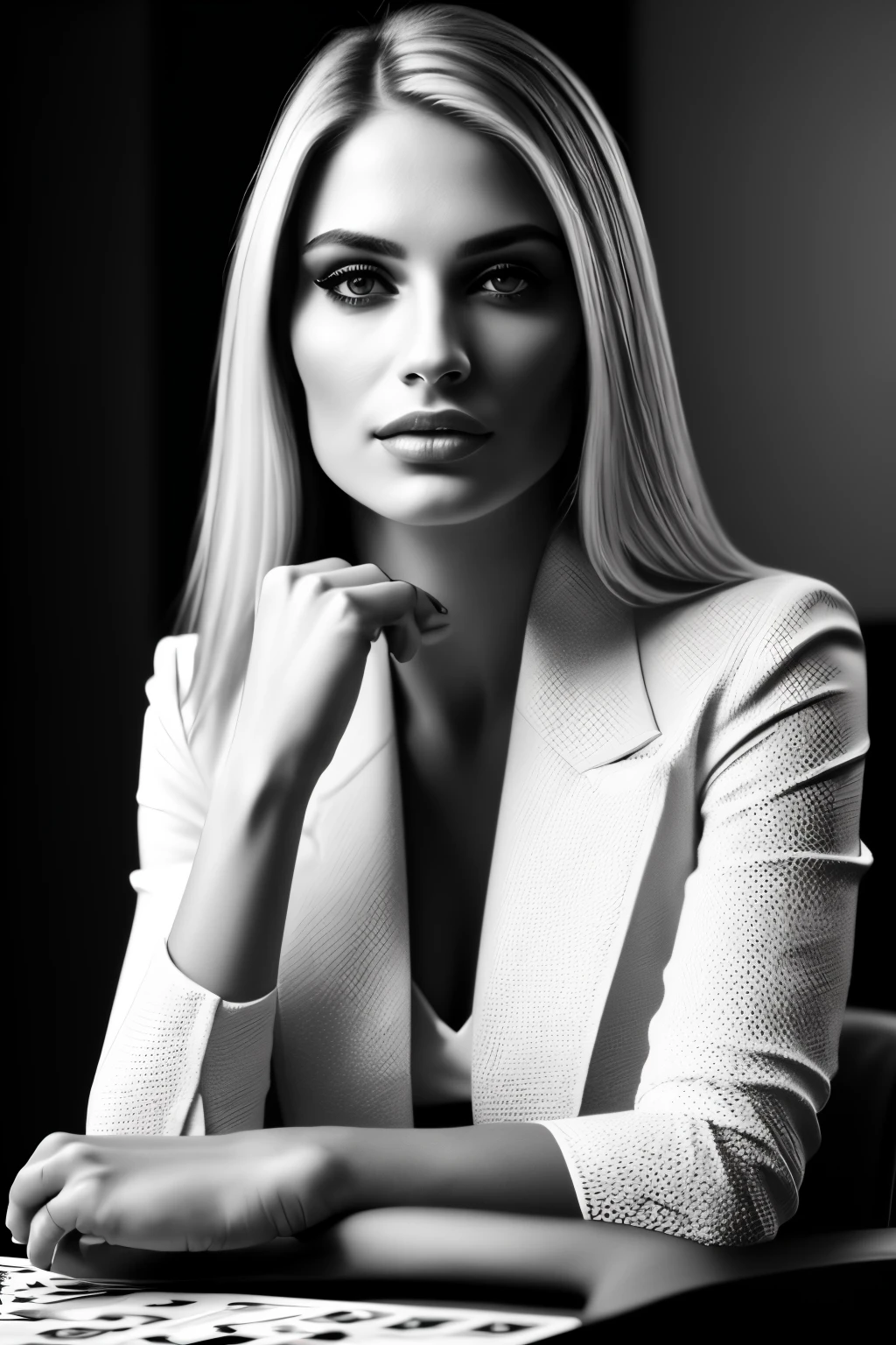 "(best quality,4k,8k,highres,masterpiece:1.2),ultra-detailed,(realistic,photorealistic,photo-realistic:1.37),a girl with a poker face,handsome detailed eyes,serene expression,beautiful detailed lips,dark and mysterious atmosphere,black and white portrait,sharp focus,masterpiece black and white photography,vivid contrast,dramatic lighting,studio lighting,monochrome color palette,subtle smile,subtle emotion,classic poker cards,crisp and clear details,sleek and elegant clothes,professional portrait"