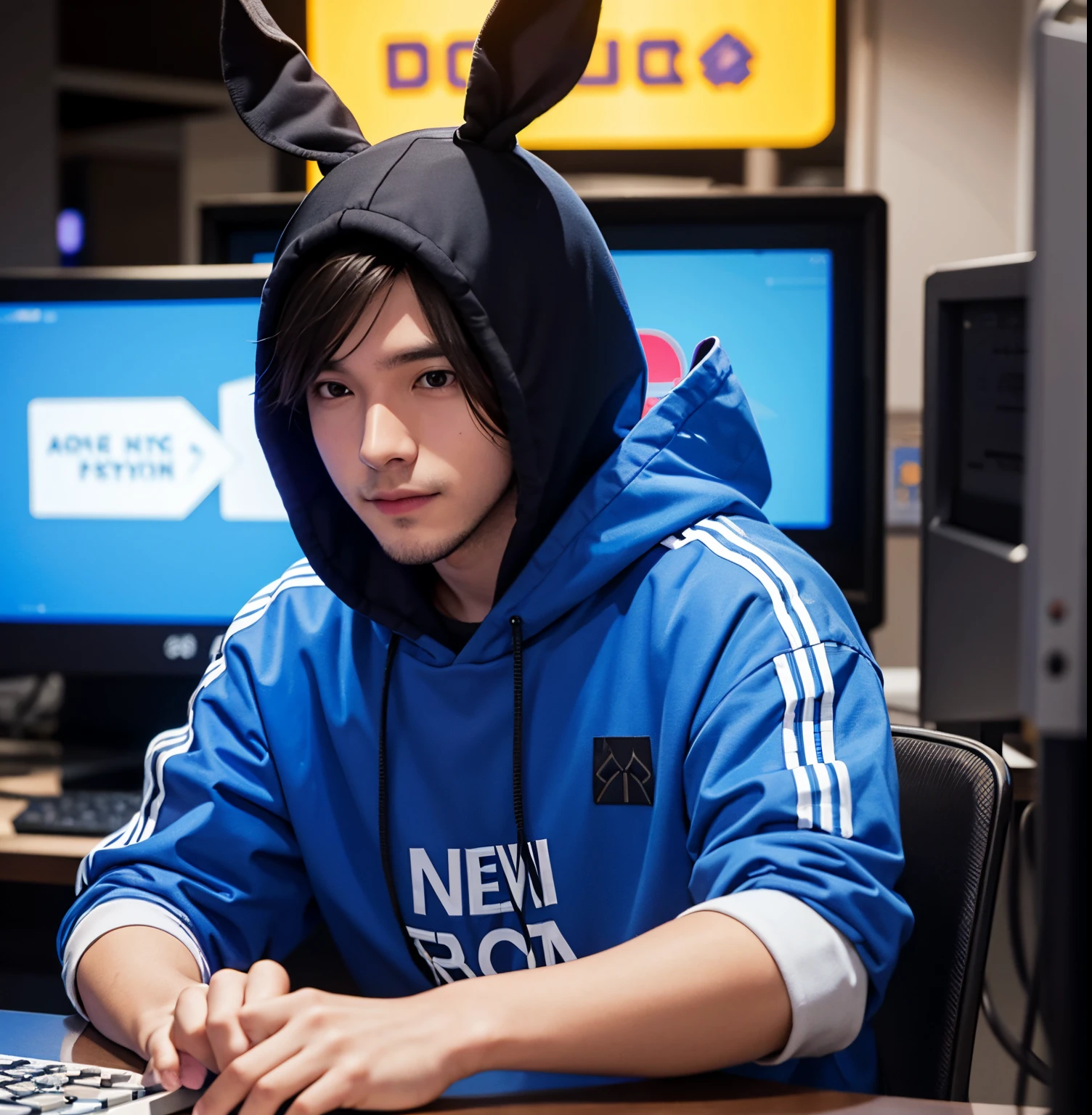 Joven, hacker conejo en una cale de nueva york