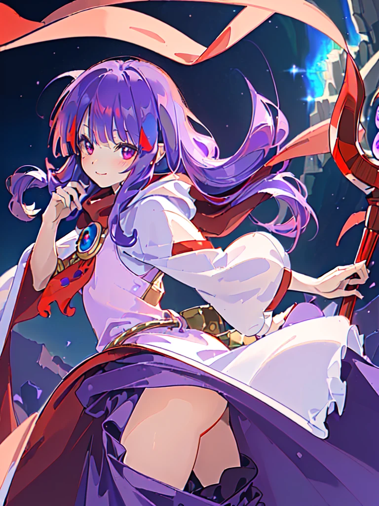 ((((Princess of Moon-berg)))), ((1little girl)), ars old, (((deep purple hair))), (Blunt bangs), (Fluffy long hair), (Deep red eyes), ((((red hood)))), (Lotto emblem is depicted in the center of the hood), (((Red Stall))), ((Crescent Moon earrings)), ((silver necklace)), ((White robe with red edging)), ((droopy eyes)), Holding a magic wand in her left hand, 

photograph-realistic, Sense of depth, Absurd resolution, High resolution, 8K, 4K, detail, Best Quality, 
Smile, Looking at the camera, full-face blush, Open legs, Looking forward, Angle from below, 
on a hill,