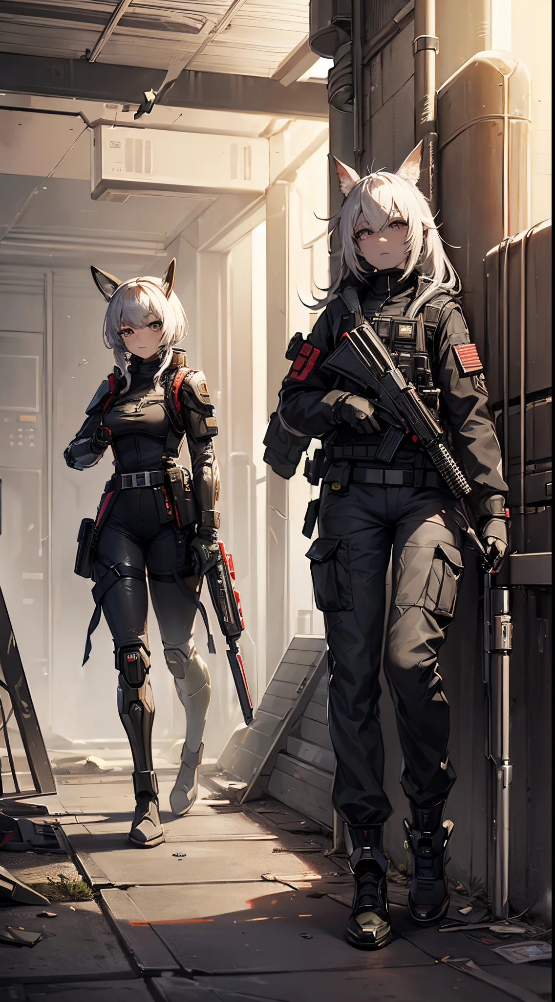 masterpiece, high quality, detailed art, concept art, character concept, ARKNIGHTS, sci-fi knights, anthro animals battle androids, (battle android model), female character android, (wearing [military|sexy|elegant:0.25] future outfit uniform with straps and accessories, cargo pants, military vest), (holding weapon), action pose, battle damage, (visible (damaged parts:1.35) of (characters android body:1.3):1.15)