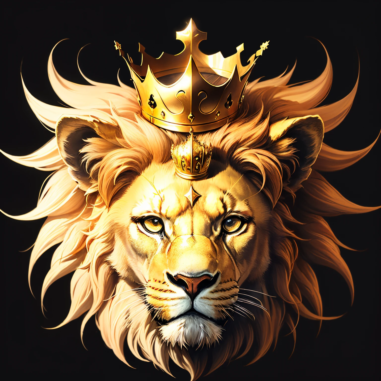 Golden lion head with a crown on black background