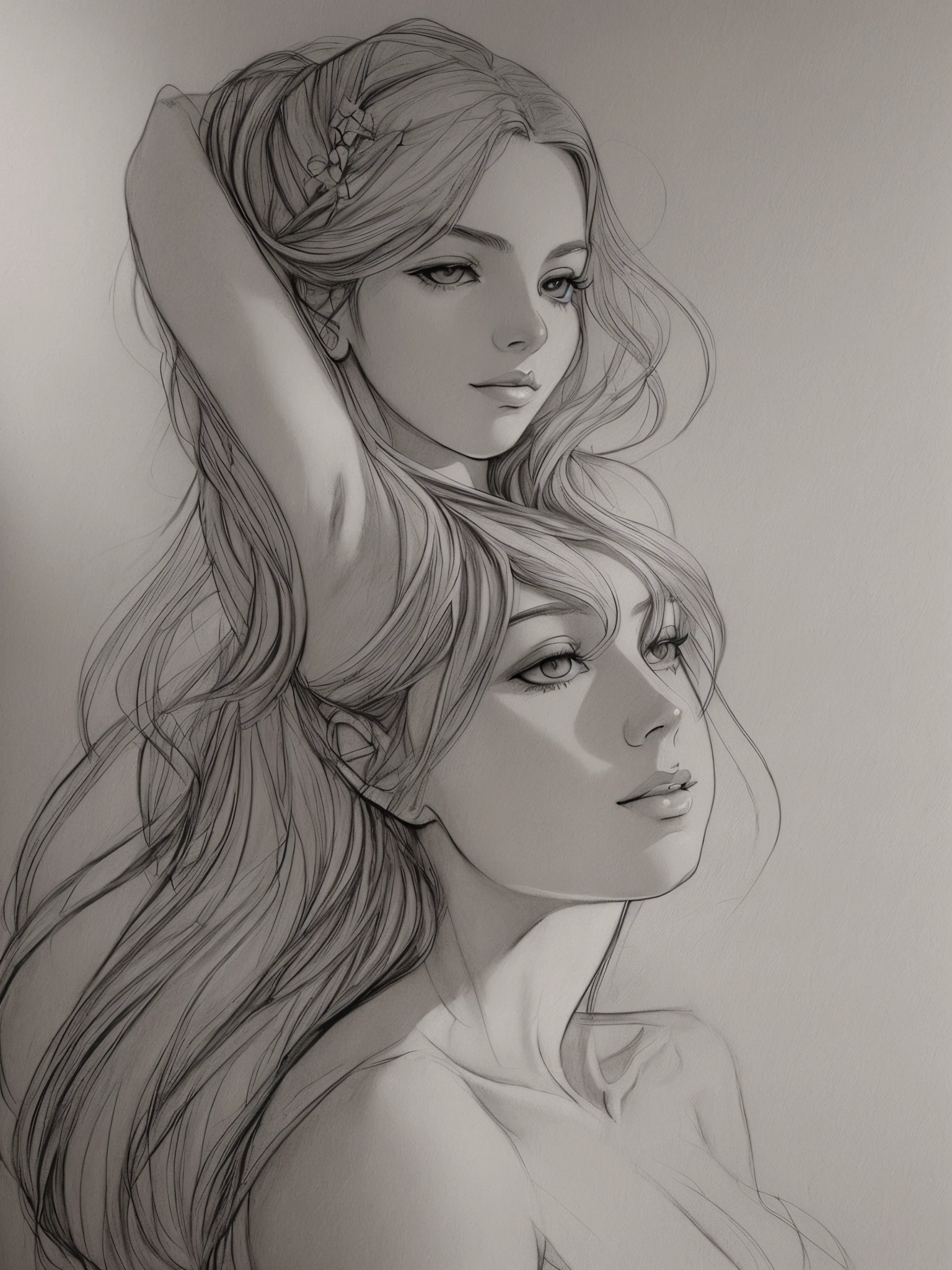 I'm planning to draw a tasteful and artistic sketch that emphasizes the beauty of the human form. I want to capture a pose that conveys elegance and natural grace, with attention to lighting and shadows to enhance the aesthetic appeal." --auto --s2