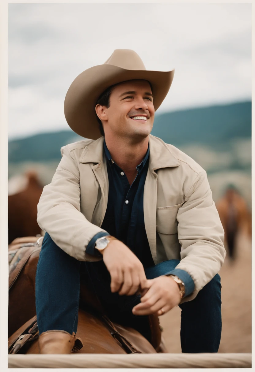 A photo of Chandler in a cowboy hat, riding a mechanical bull,Friends TV Show,Chandler Bing, a character from the popular TV sitcom “Friends,” has a lean build and a boyish appearance, often characterized by his short, neatly styled hair and a sarcastic smile. His fashion is typically casual and unassuming, reflecting his laid-back and somewhat self-deprecating personality.