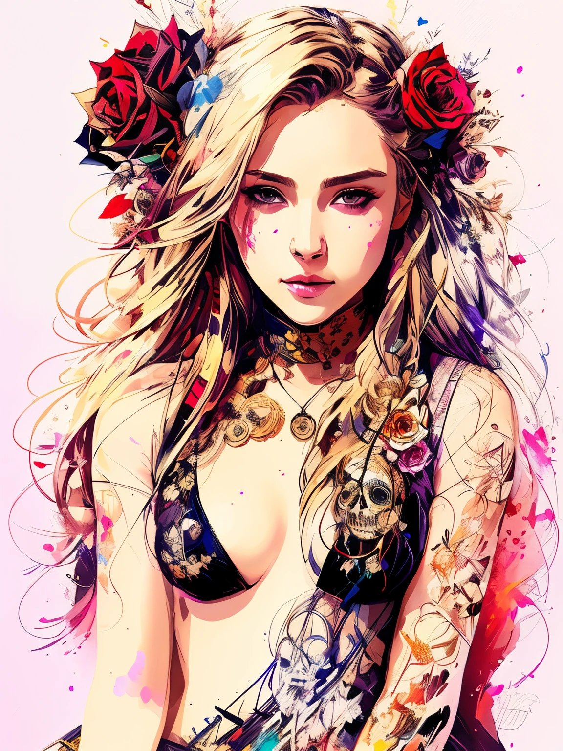 sticker of a fancy blond braided full body picture of a beautiful woman sitting and holding a glock, tights, highly detailed beautiful face, sugar skull, banksy art, roses, skulls, Kim Jung gi, freedom, soul, digital illustration, comic style, steampunk noir, approaching perfection, dynamic, highly detailed, watercolor painting, artstation, concept art, smooth, sharp focus, illustration, art by Carne Griffiths and Wadim Kashin ,