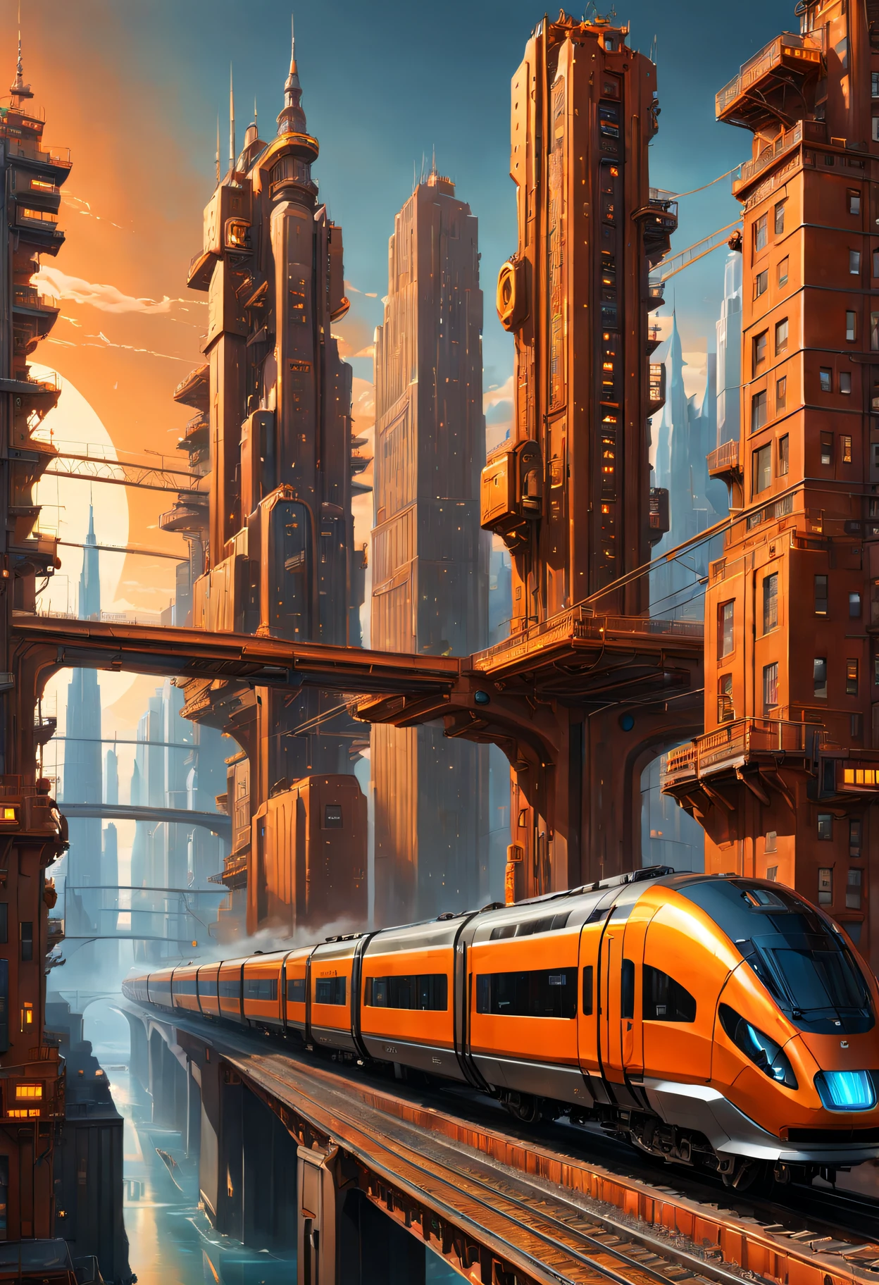 scifi city with train tracks and tall buildings in the background,  with a train track and a river running through it,in the style of optical illusion paintings, majestic ports, dada inspired constructions, traincore, light orange and bronze, organized chaos, in the style of futuristic contraptions, precisionist art, majestic ports, traincore, mind bending murals, light gold and orange, mesmerizing optical illusions, in the style of digital art wonders, industrial paintings, edward poynter, 32k uhd,hyperrealism, realistic painting of a complex, realism | beeple, surreal neuron city, by Dan Christensen, by Alexander Kucharsky, 4k highly detailed digital art, elaborate matte painting, amazing wallpaper