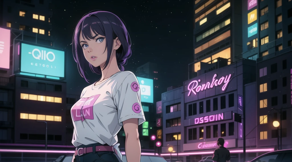 1girl, ((Lovely, Beautiful)), Corpo Perfeito, bochechas rosadas, cabelos longos e grossos, cabelobranco, olhos brancos e azuis, camiseta,Peito Inferior,clivagem, bright lips,((Olhos detalhados)), posing in front of neon buildings, ((purple neon sign, neon building background)), tokyolagii, Artgerm, estilo cyberpunk, flashback, ((Realistic)), luz suave, Noite, 8k, (master part, best quality:1.5), Super Detalhe, profundidade de campo, Looking at the Viewer, ((cena do cowboy)), Dramatic, (((Bokeh))),